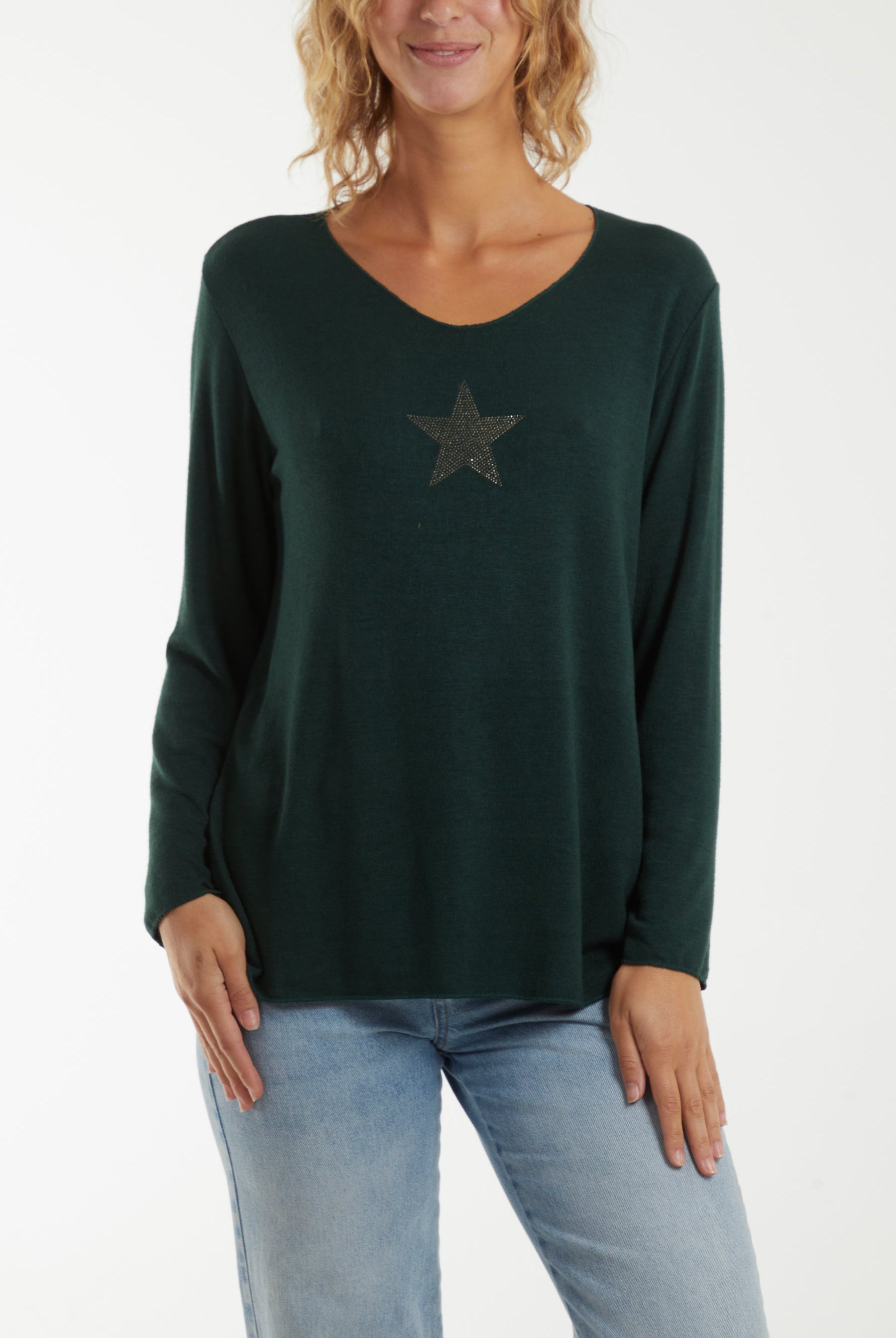 Diamante Star Long Sleeve Jumper Jumpers WearAll Bottle Green One Size