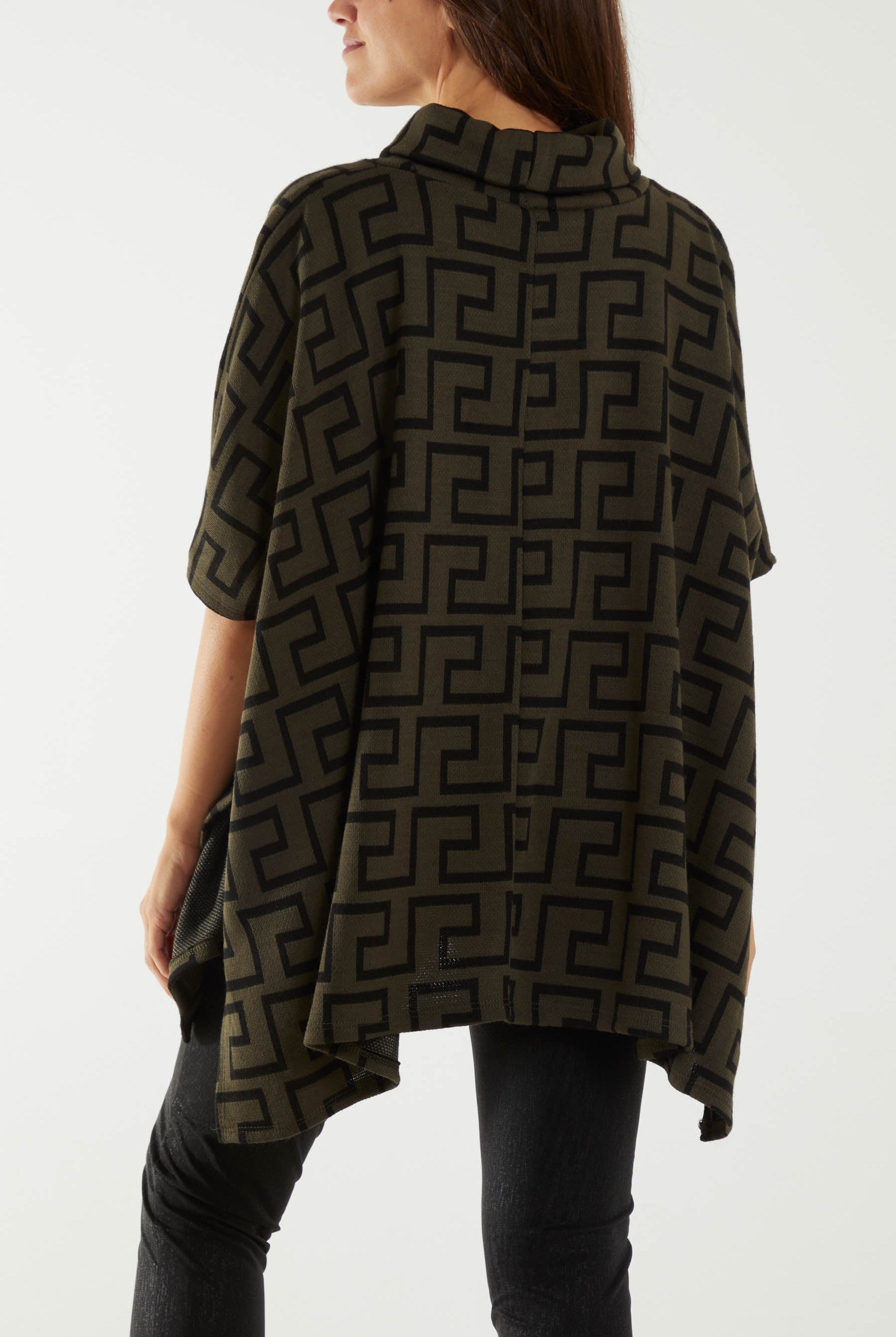 Roll Neck Geometric Pattern Poncho Ponchos WearAll