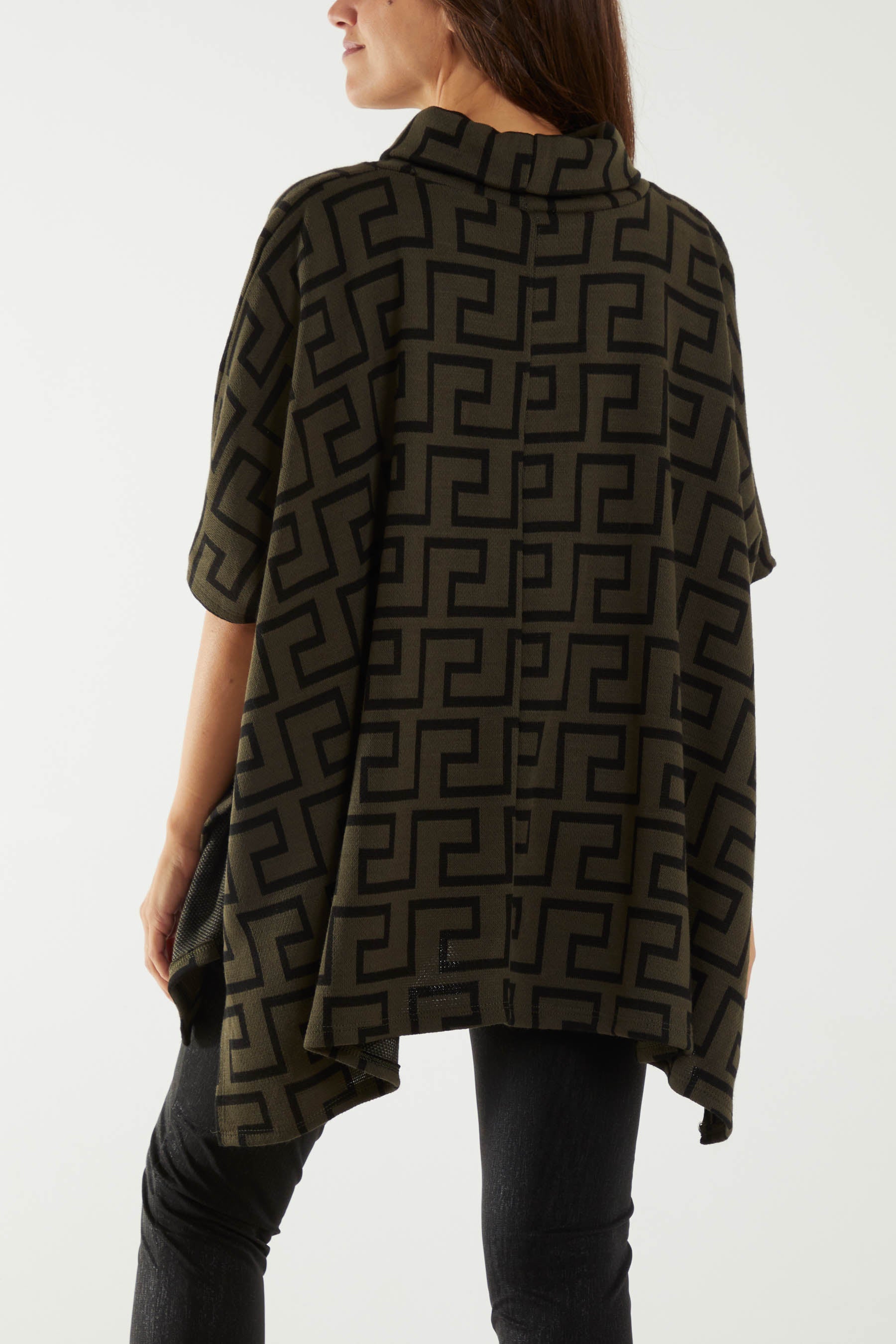 Roll Neck Geometric Pattern Poncho Ponchos WearAll