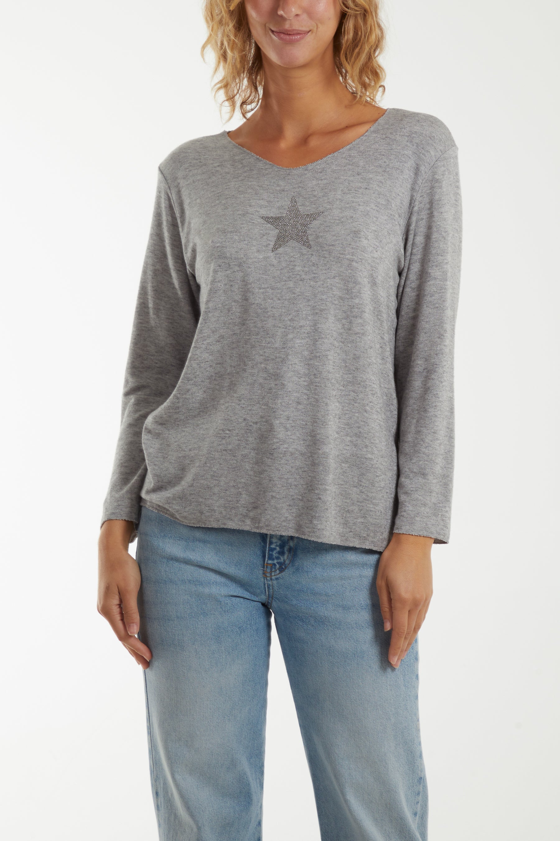 Diamante Star Long Sleeve Jumper Jumpers WearAll Grey One Size