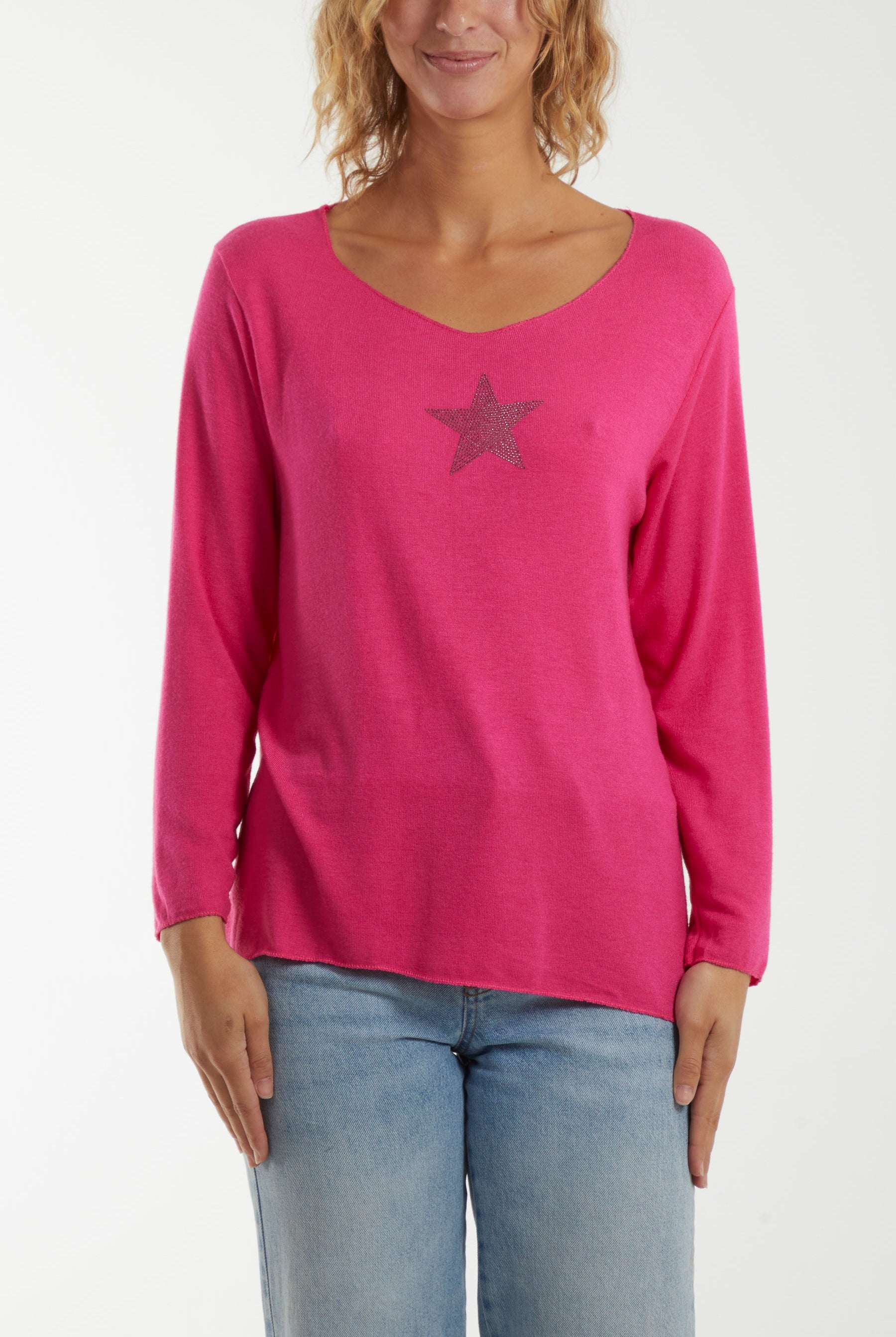 Diamante Star Long Sleeve Jumper Jumpers WearAll Fuchsia One Size