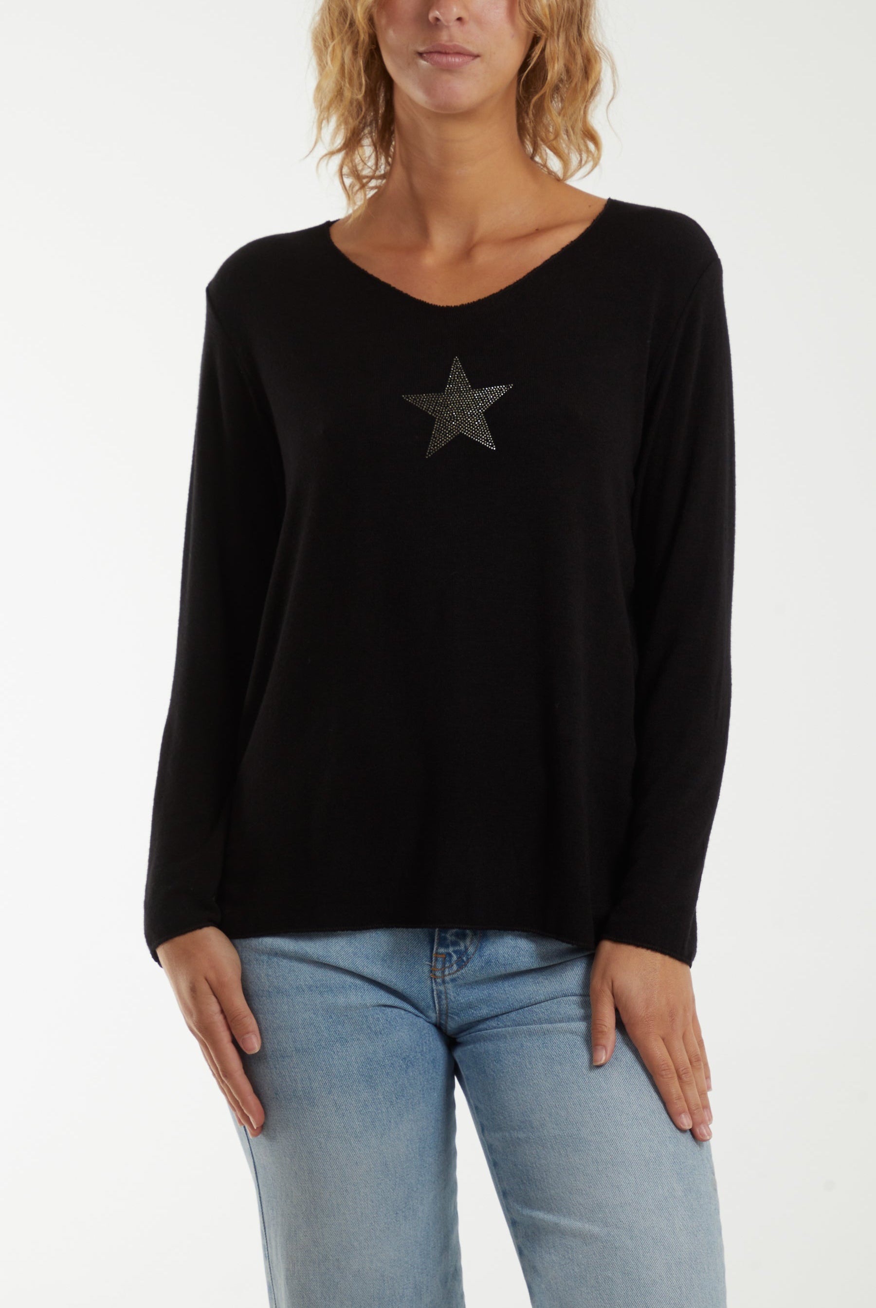 Diamante Star Long Sleeve Jumper Jumpers WearAll Black One Size
