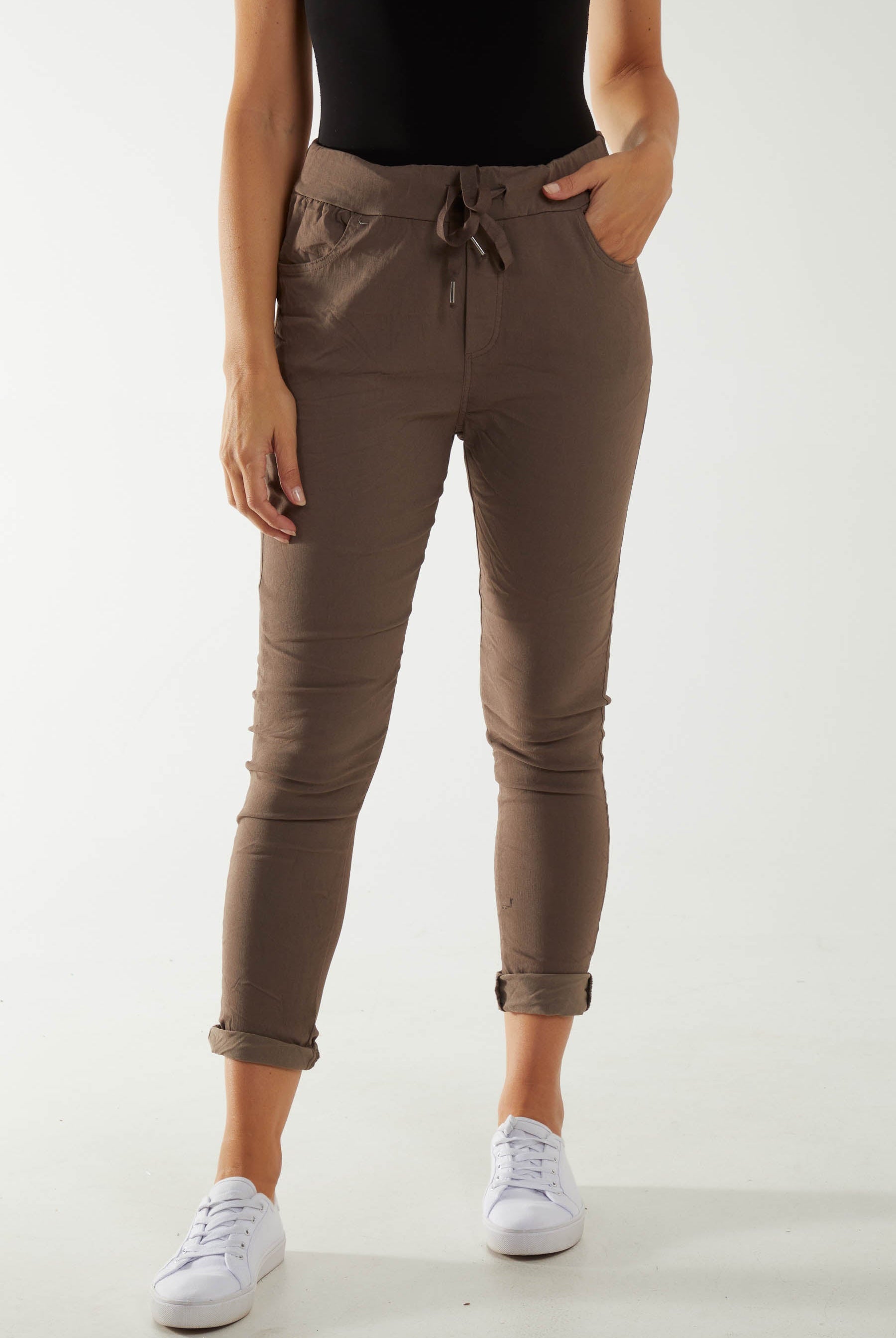 Magic Drawstring Pockets Crushed Trouser Trousers WearAll Mocha One Size