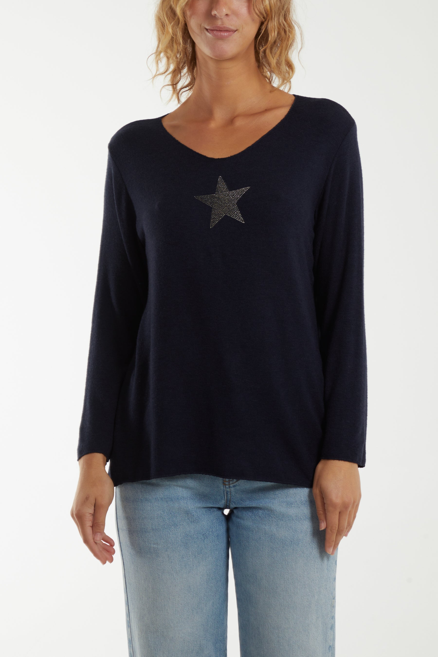 Diamante Star Long Sleeve Jumper Jumpers WearAll Navy One Size
