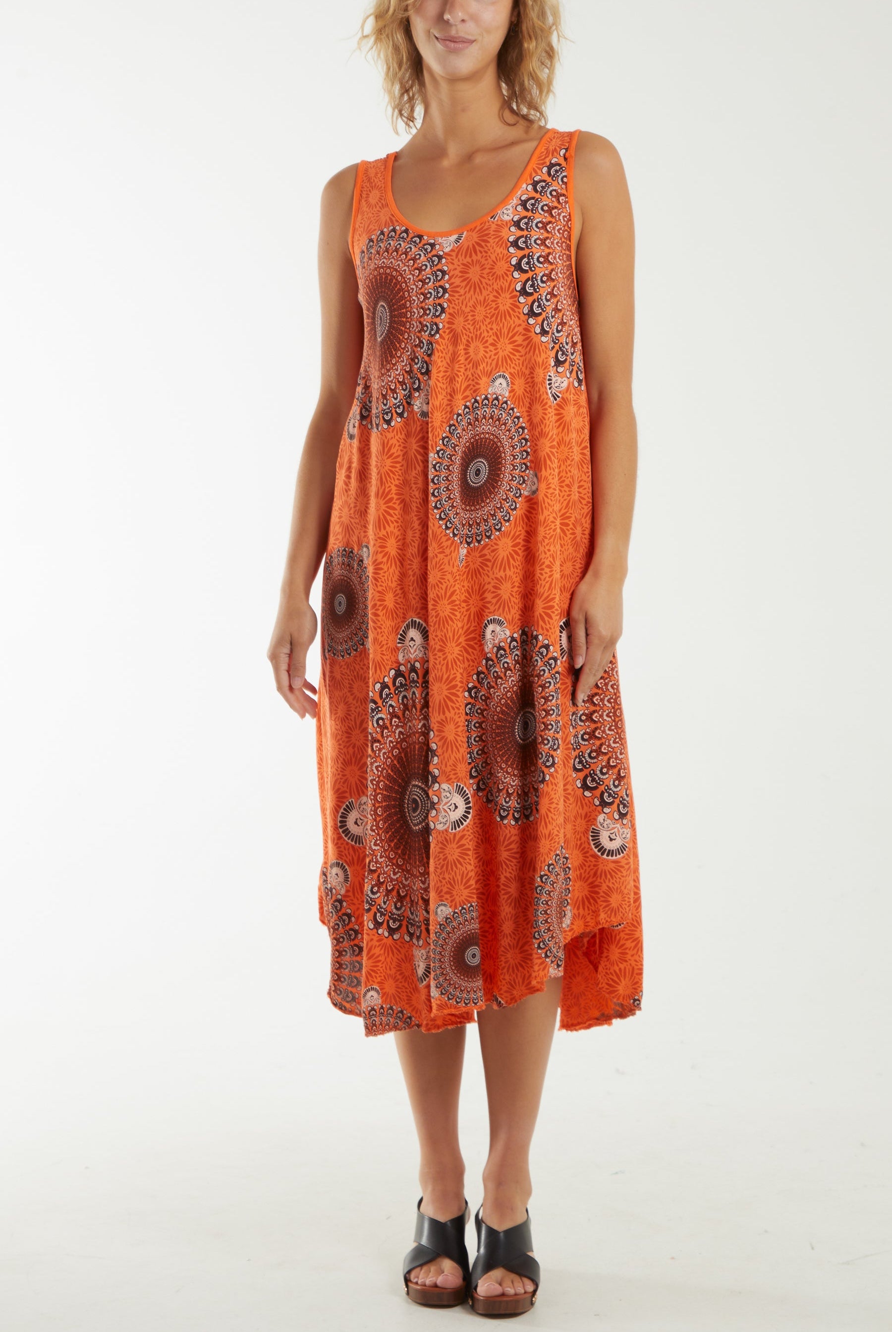 Mandala Relaxed Fit Sleeveless Midi Dress Dresses WearAll Orange One Size