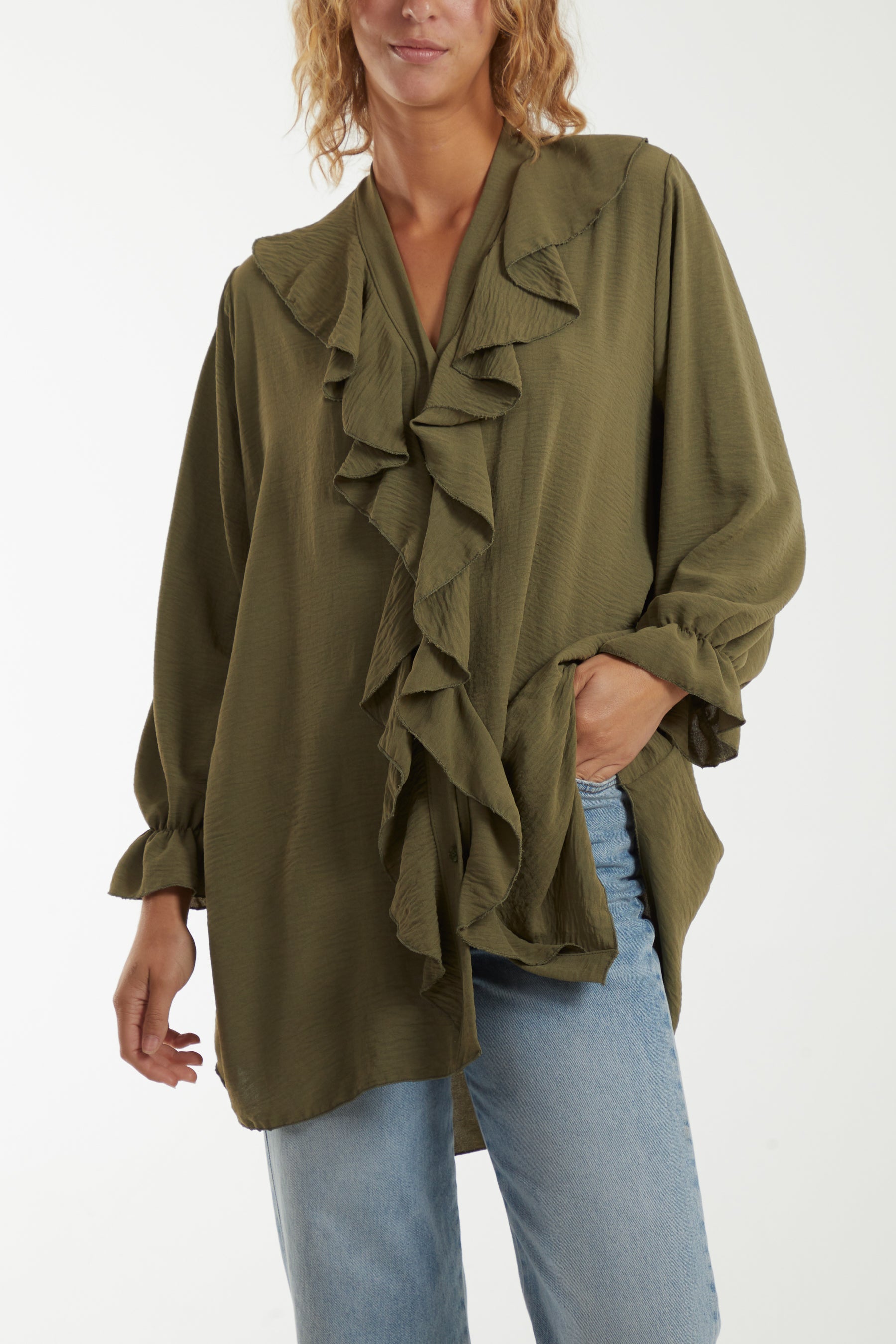 Flounce Poly Crepe Oversized Shirt TOPMF2 WearAll Khaki One Size