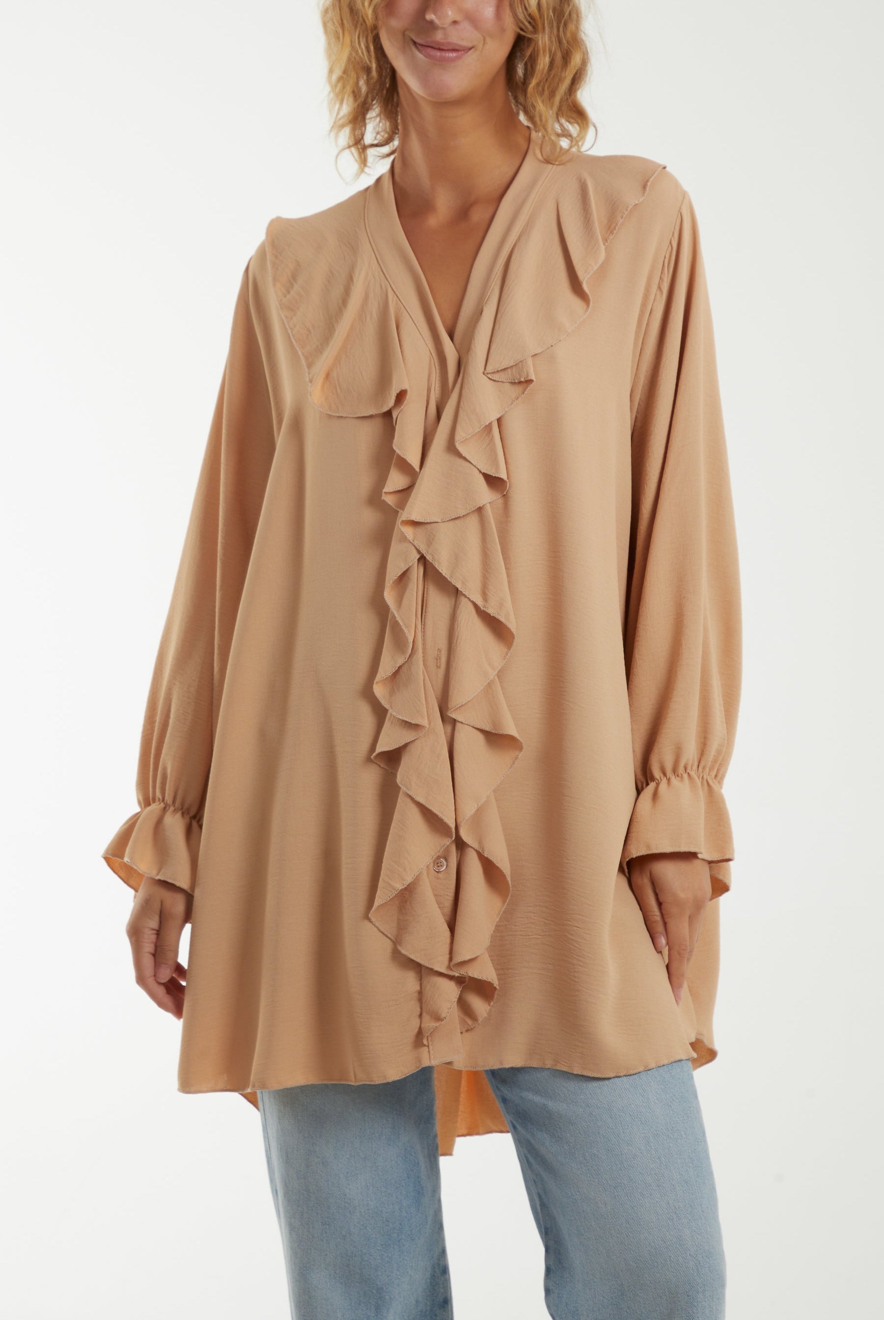 Flounce Poly Crepe Oversized Shirt TOPMF2 WearAll Camel One Size