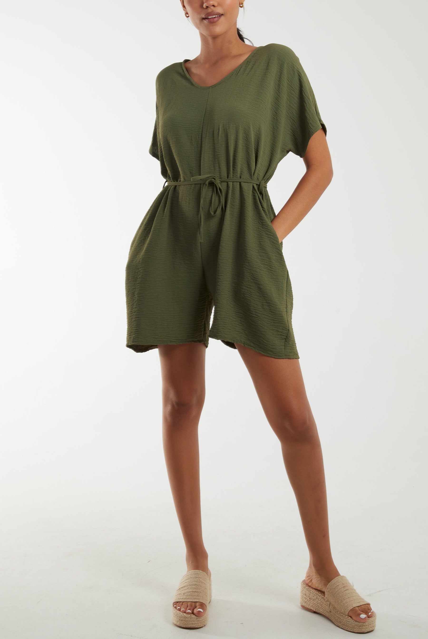 Tie Belt & Button Back Playsuit Playsuits WearAll Khaki One Size