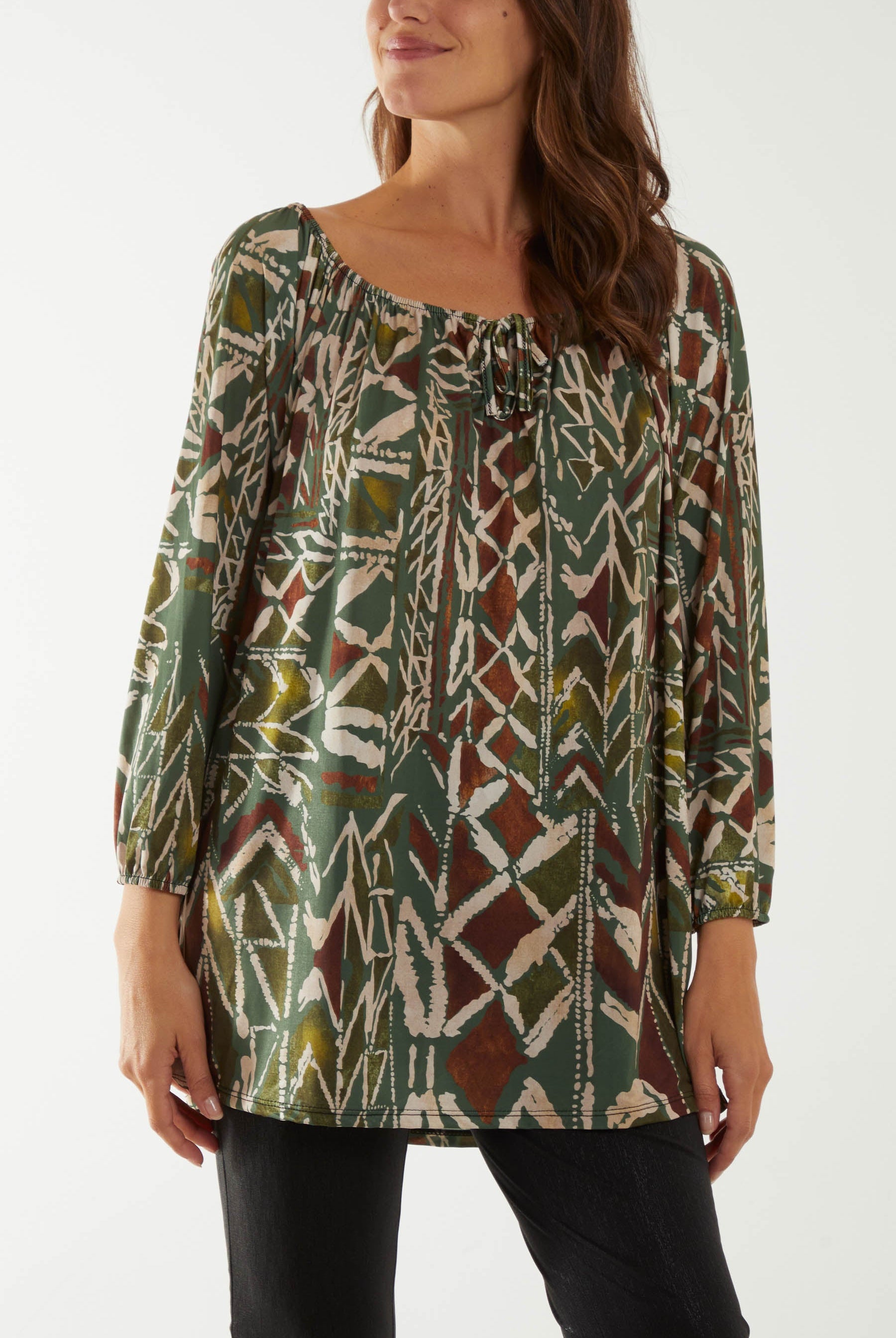 Tribal Print Bardot Tie Blouse Dresses WearAll Khaki One Size