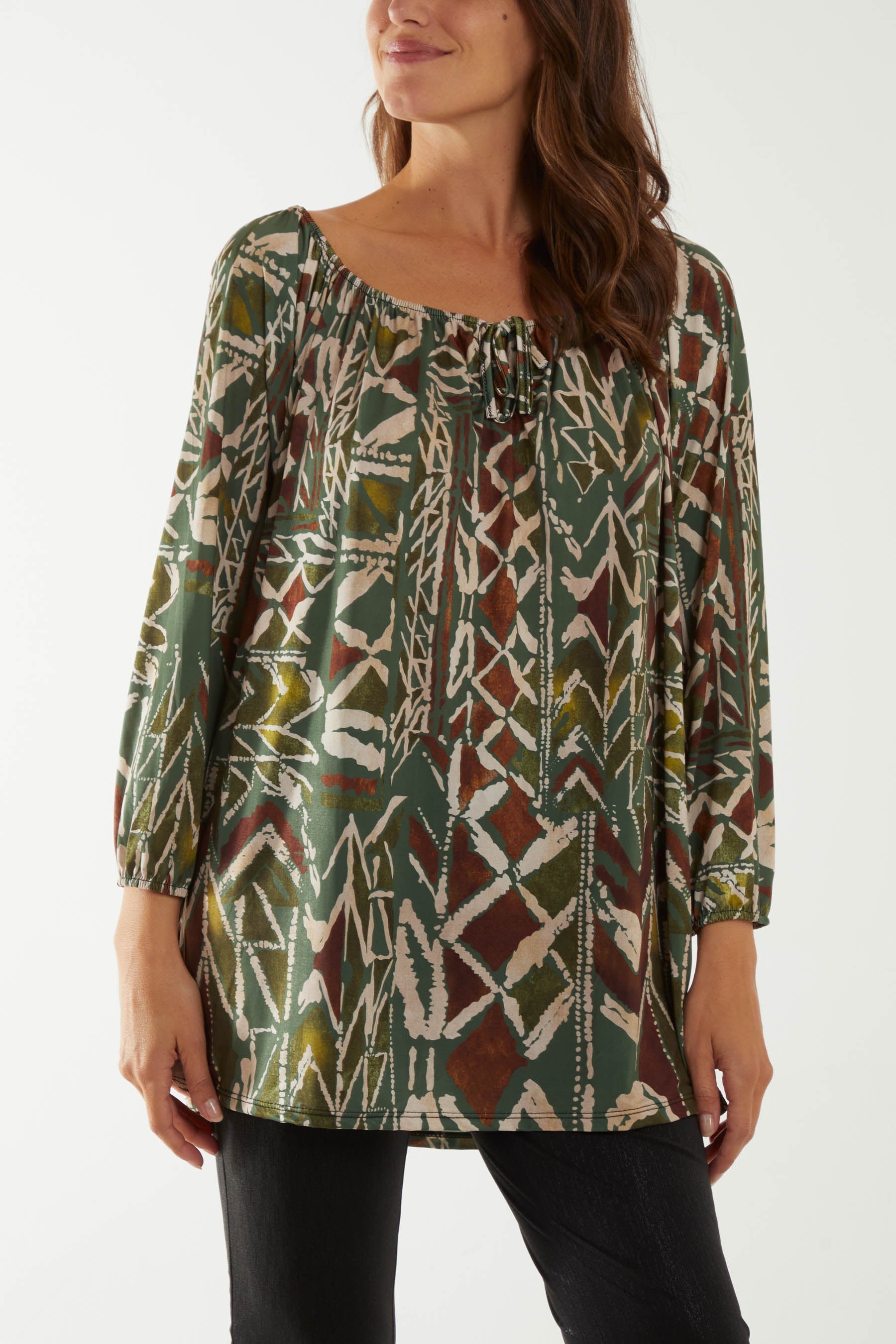 Tribal Print Bardot Tie Blouse Dresses WearAll Khaki One Size