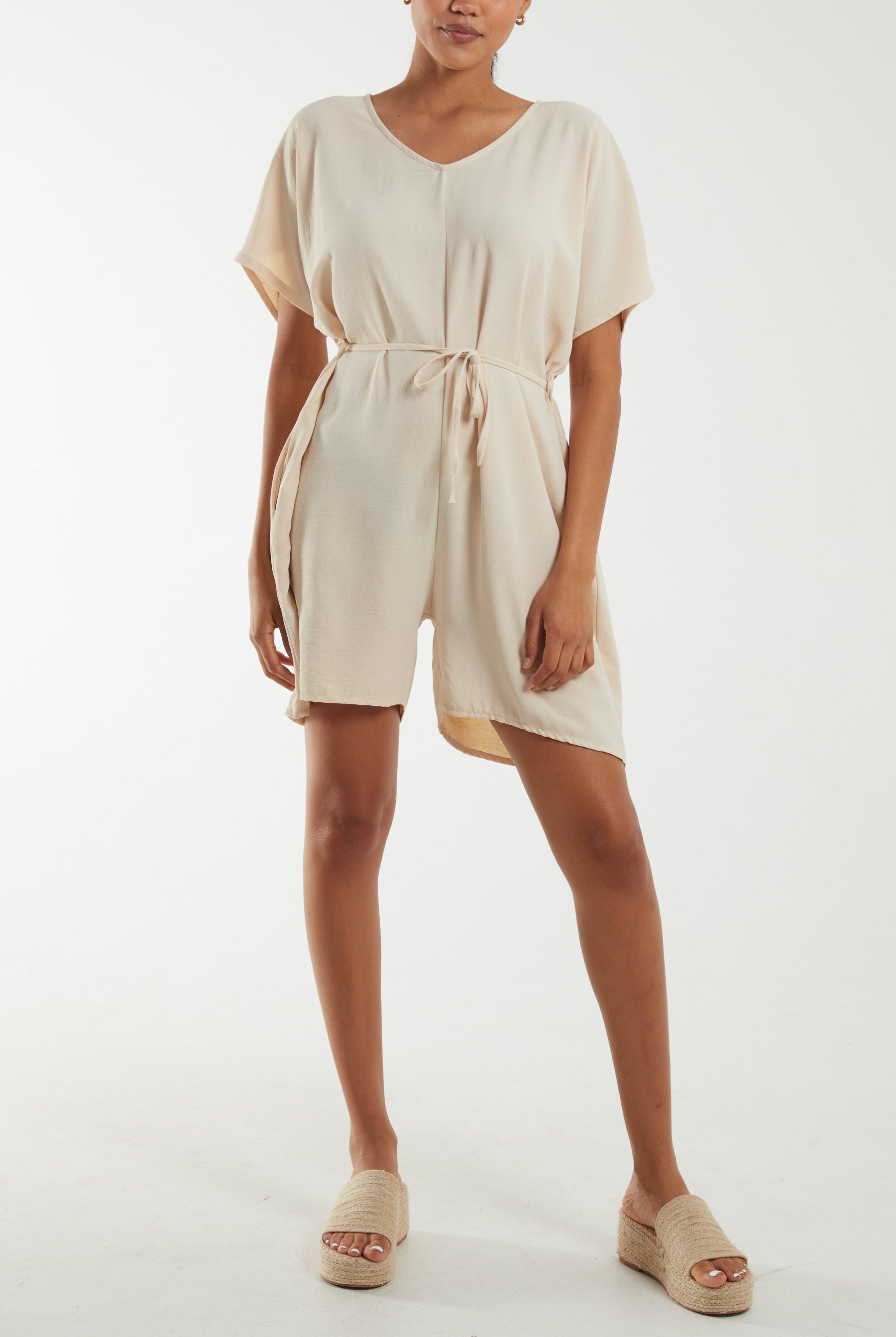Tie Belt & Button Back Playsuit Playsuits WearAll Stone One Size