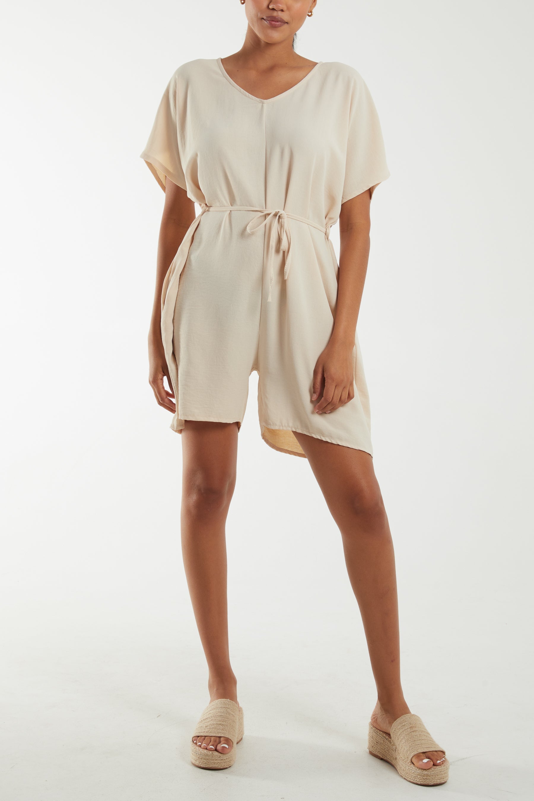 Tie Belt & Button Back Playsuit Playsuits WearAll Stone One Size
