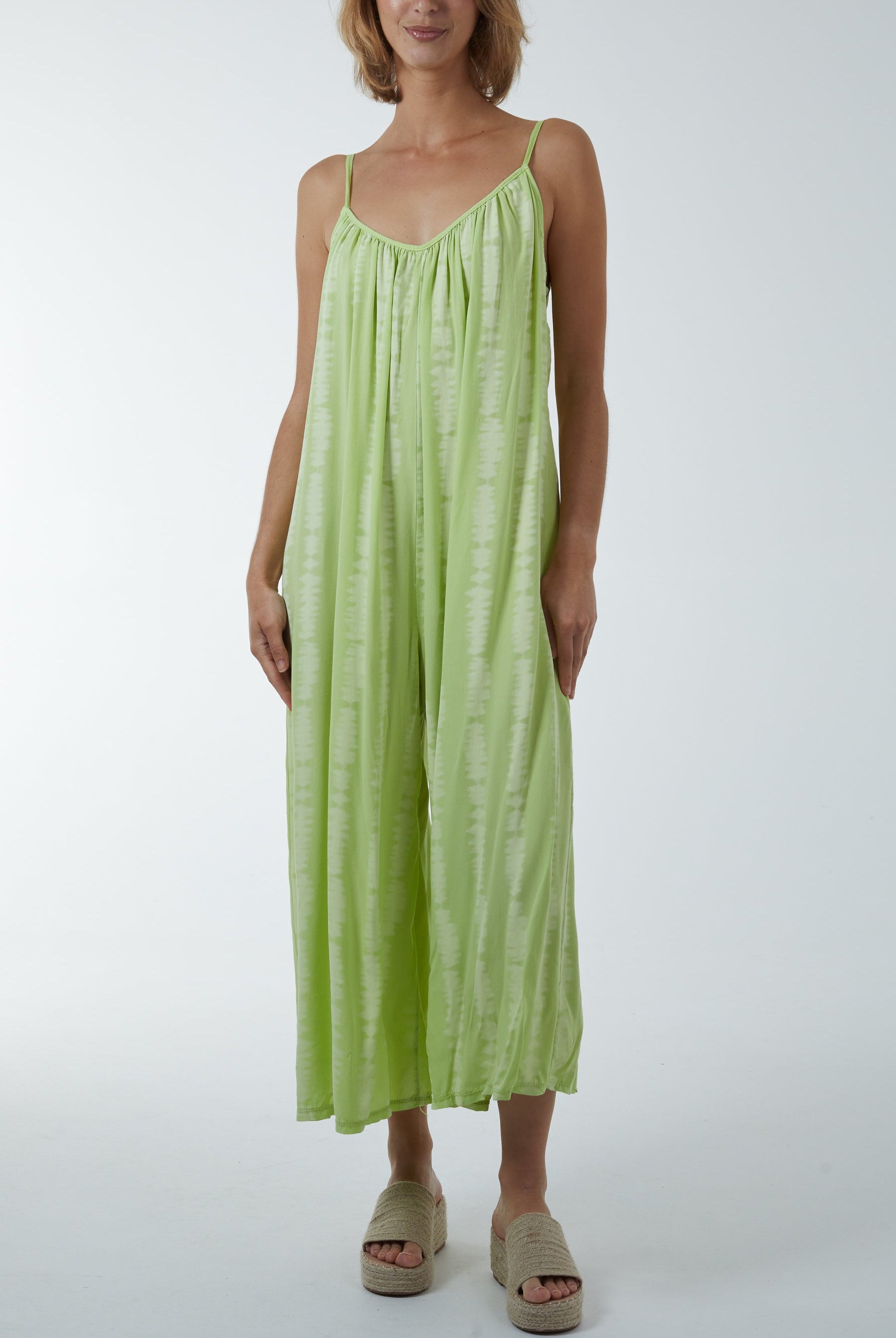 Adjustable Strap Relaxed Fit Tie Dye Jumpsuit Dresses WearAll Lime One Size