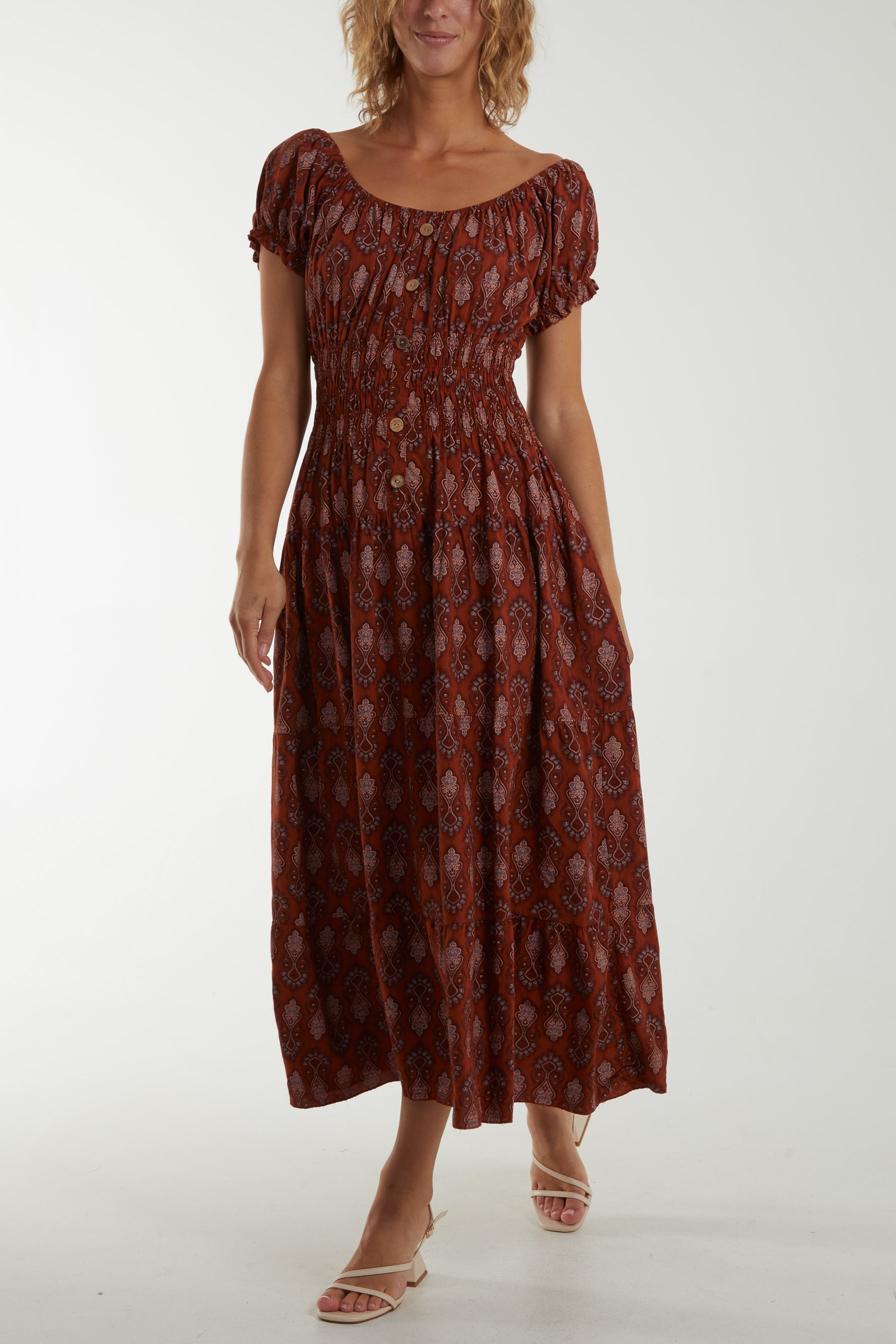 Moroccan Print Tiered Maxi Dress Dresses WearAll Rust One Size