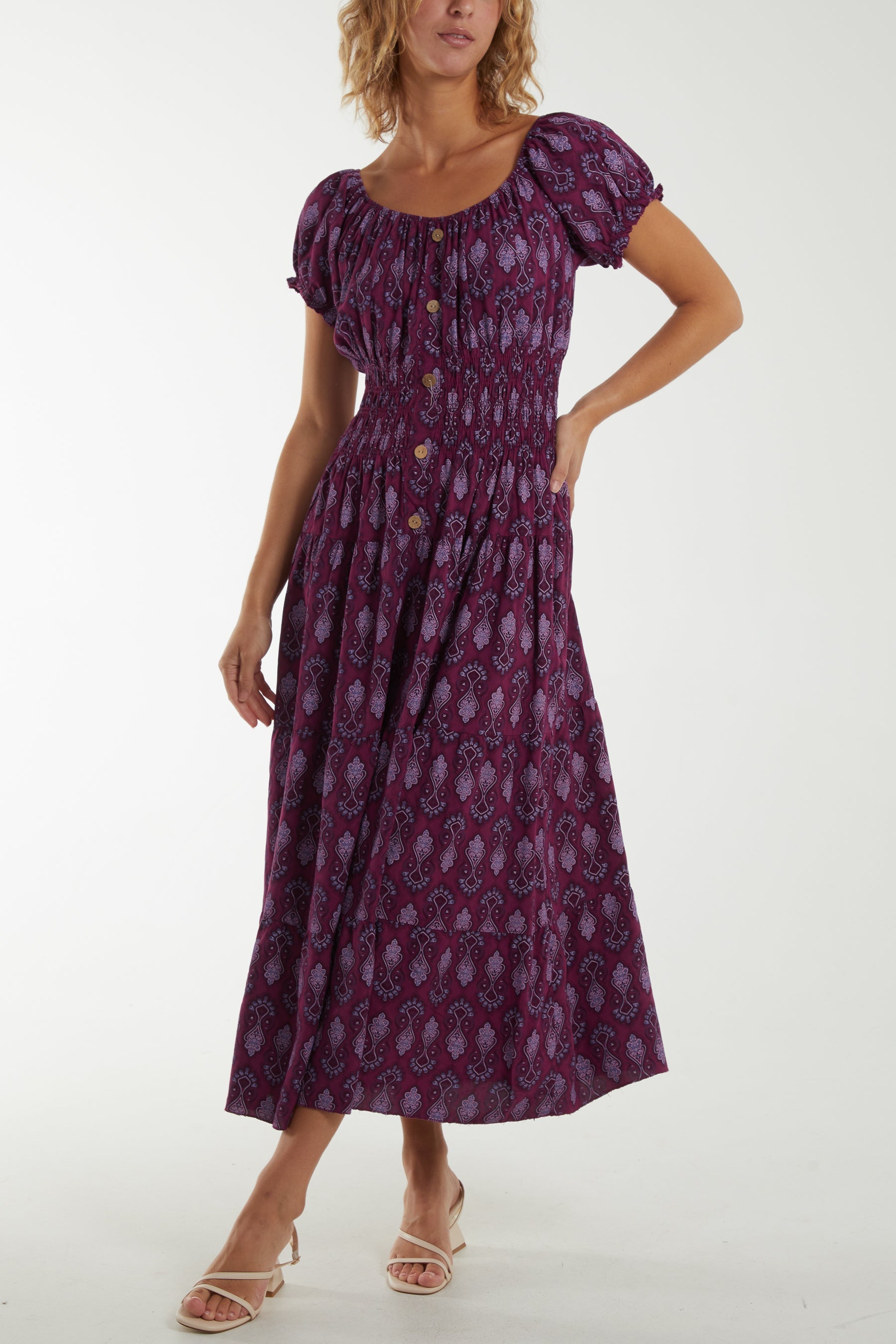 Moroccan Print Tiered Maxi Dress Dresses WearAll Purple One Size