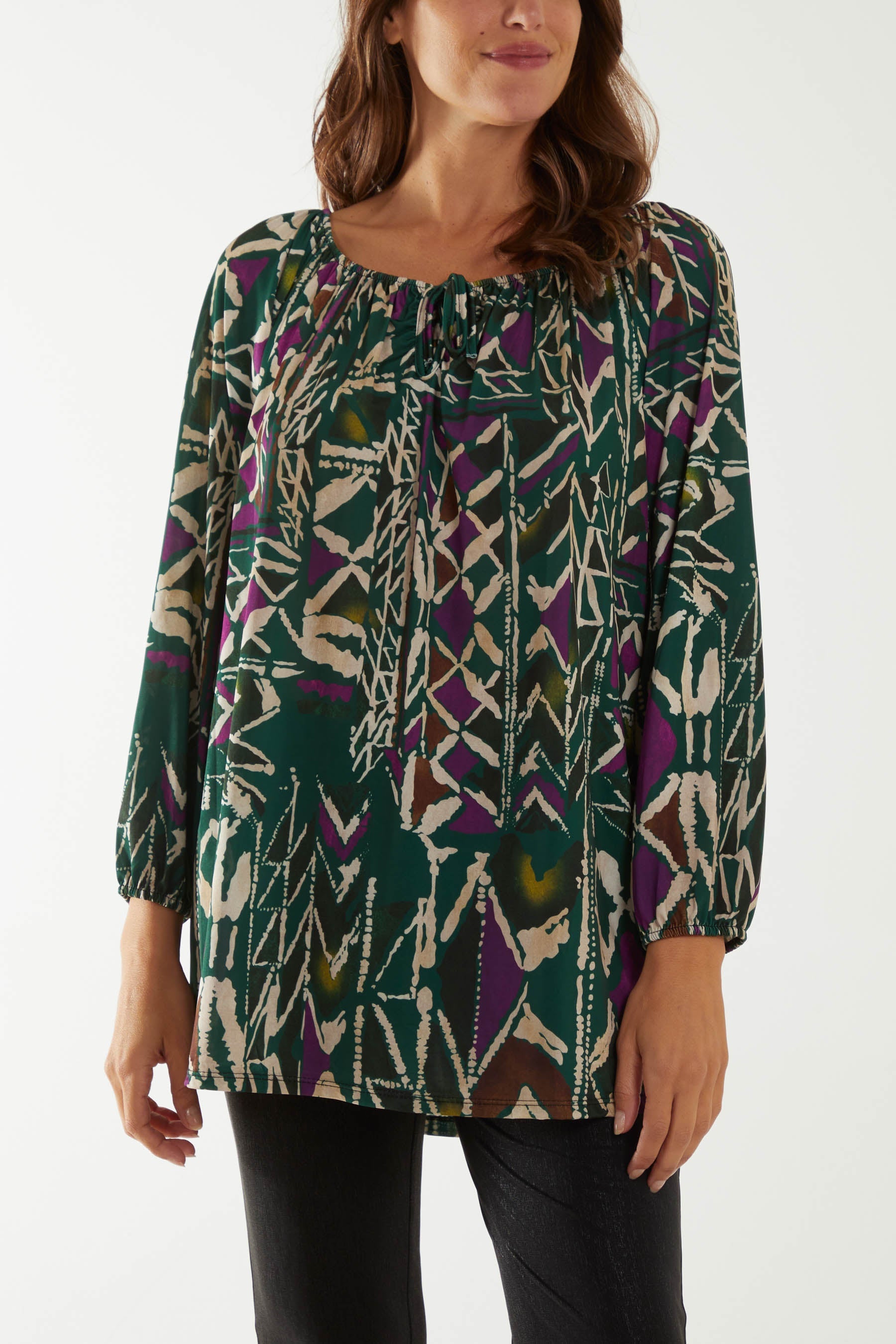 Tribal Print Bardot Tie Blouse Dresses WearAll Bottle Green One Size