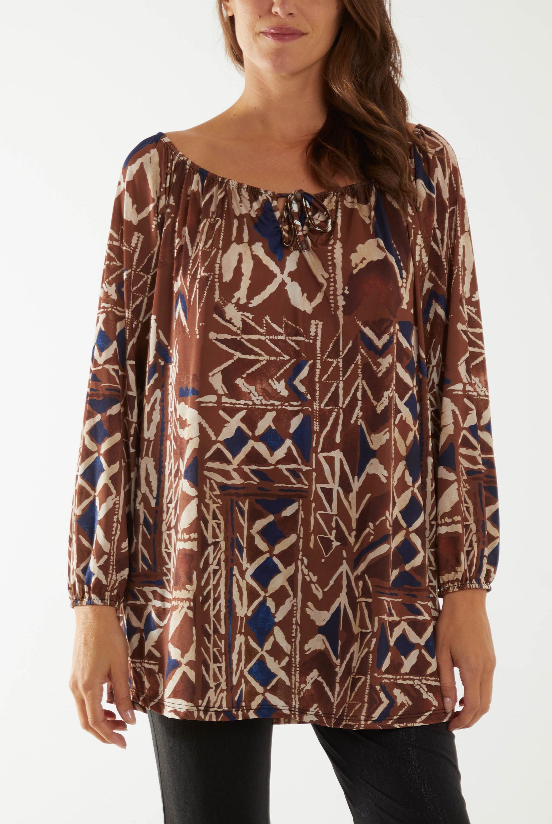 Tribal Print Bardot Tie Blouse Dresses WearAll Brown One Size