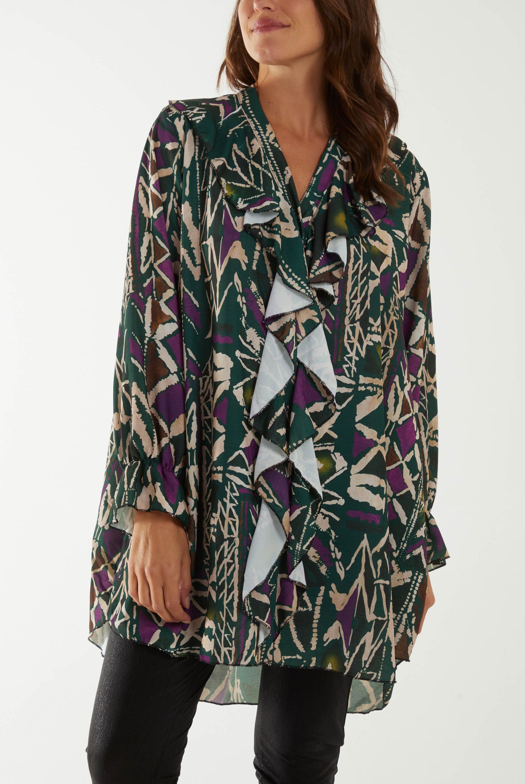 Tribal Print Ruffle Blouse Dresses WearAll Bottle Green One Size