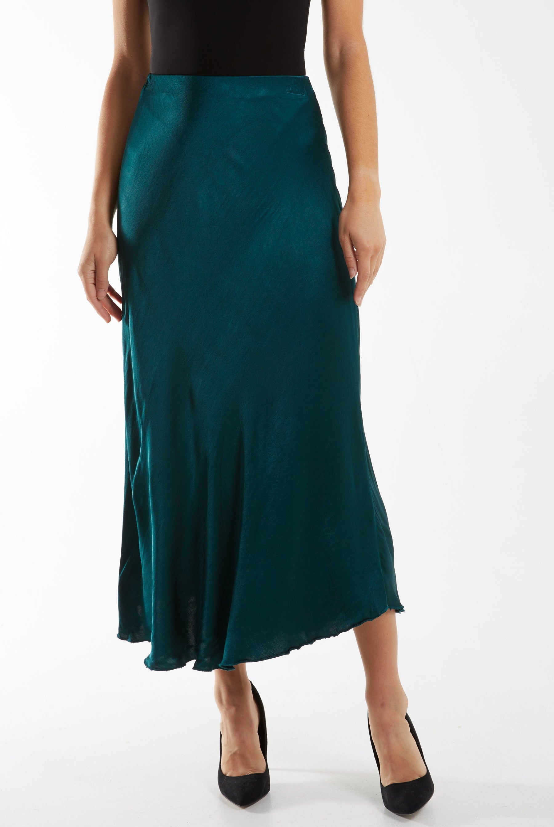 Waistband Satin Midi Skirt Skirts WearAll Bottle Green One Size
