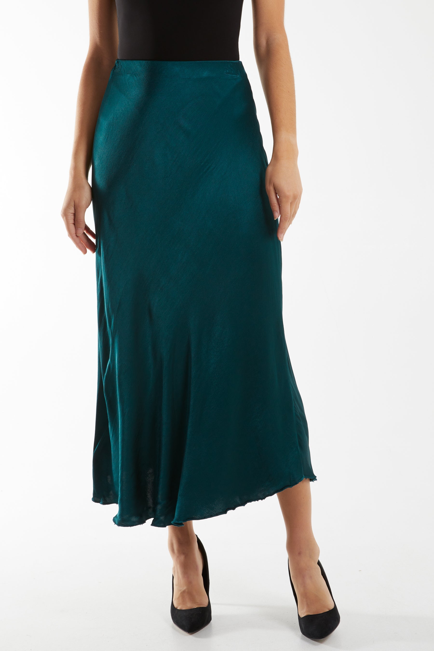 Waistband Satin Midi Skirt Skirts WearAll Bottle Green One Size