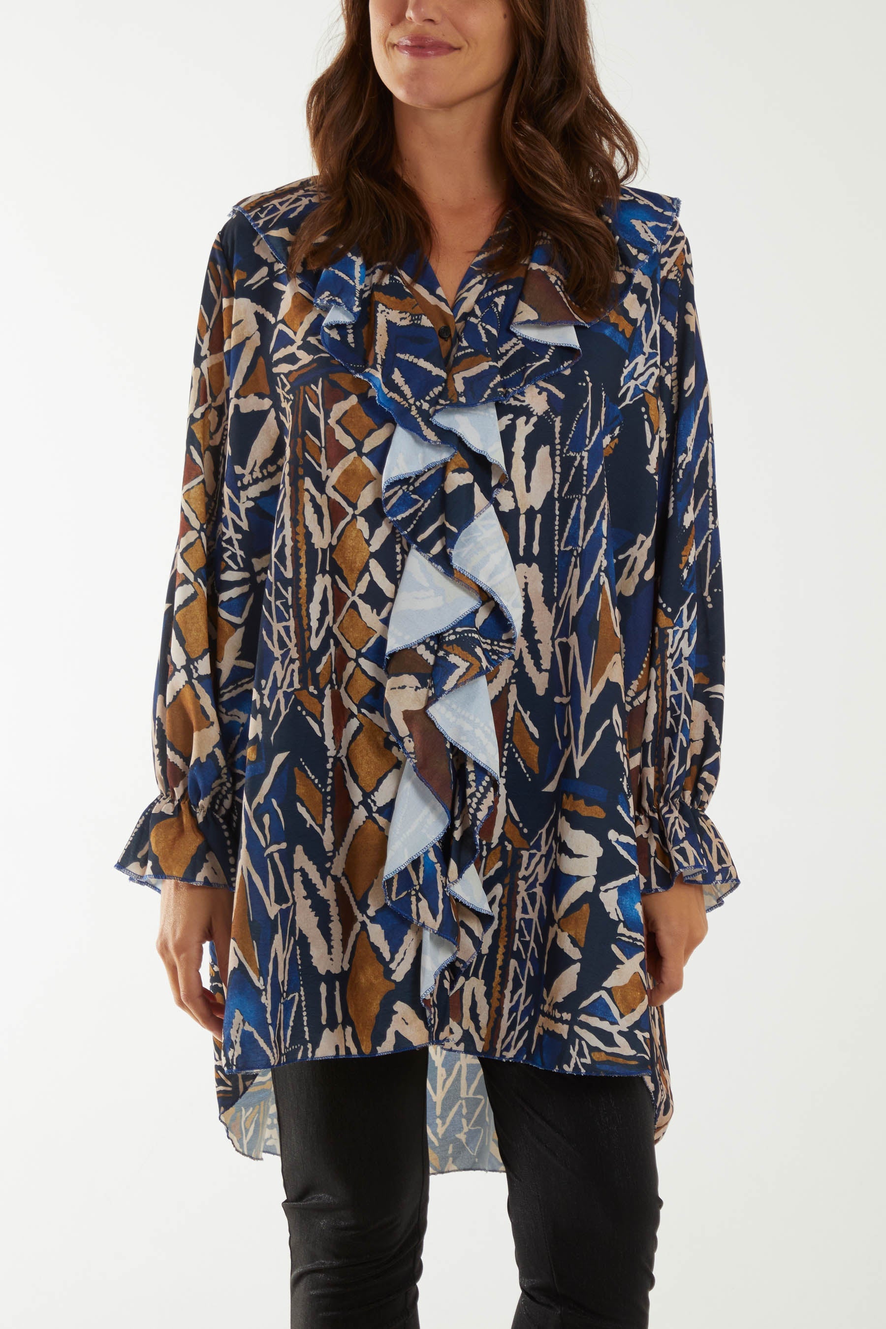 Tribal Print Ruffle Blouse Dresses WearAll Navy One Size