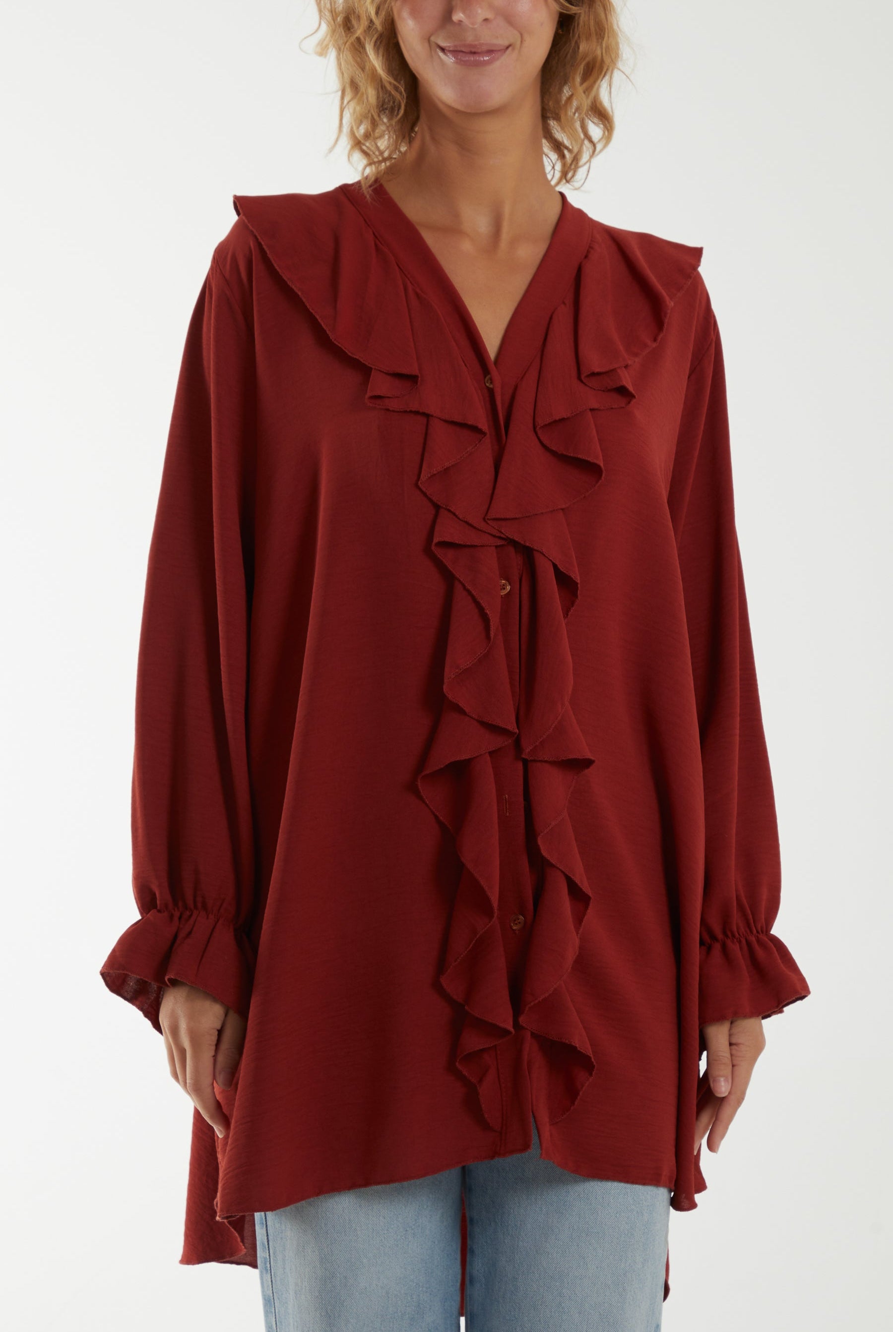 Flounce Poly Crepe Oversized Shirt TOPMF2 WearAll Rust One Size