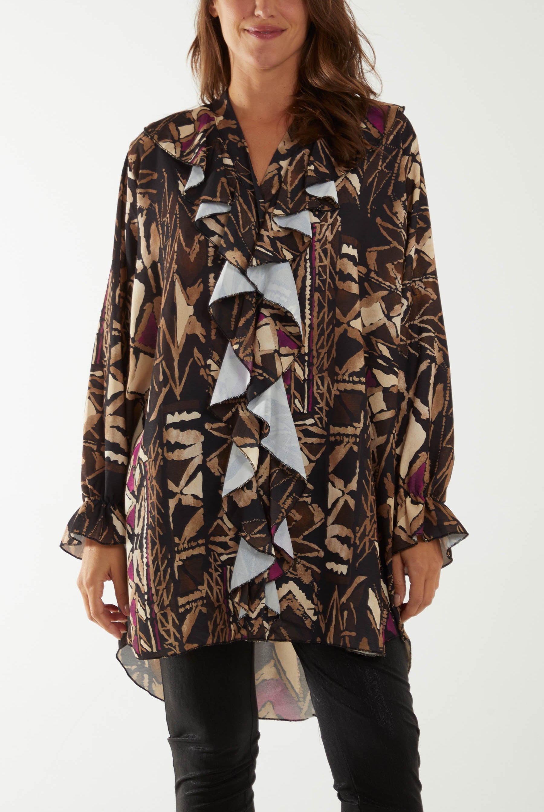 Tribal Print Ruffle Blouse Dresses WearAll Black One Size