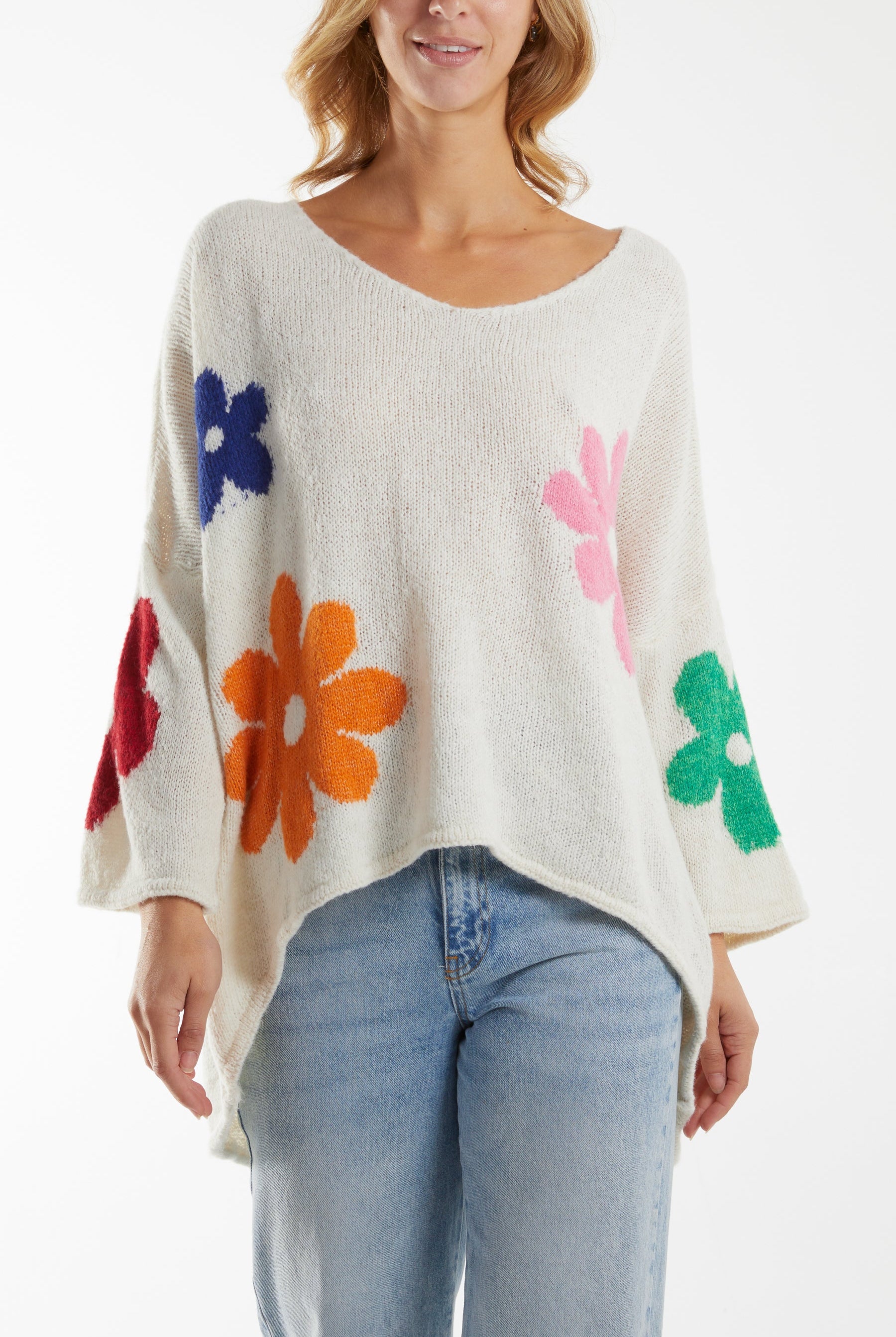 Multi Coloured Flower Jumper Jumpers WearAll Cream One Size