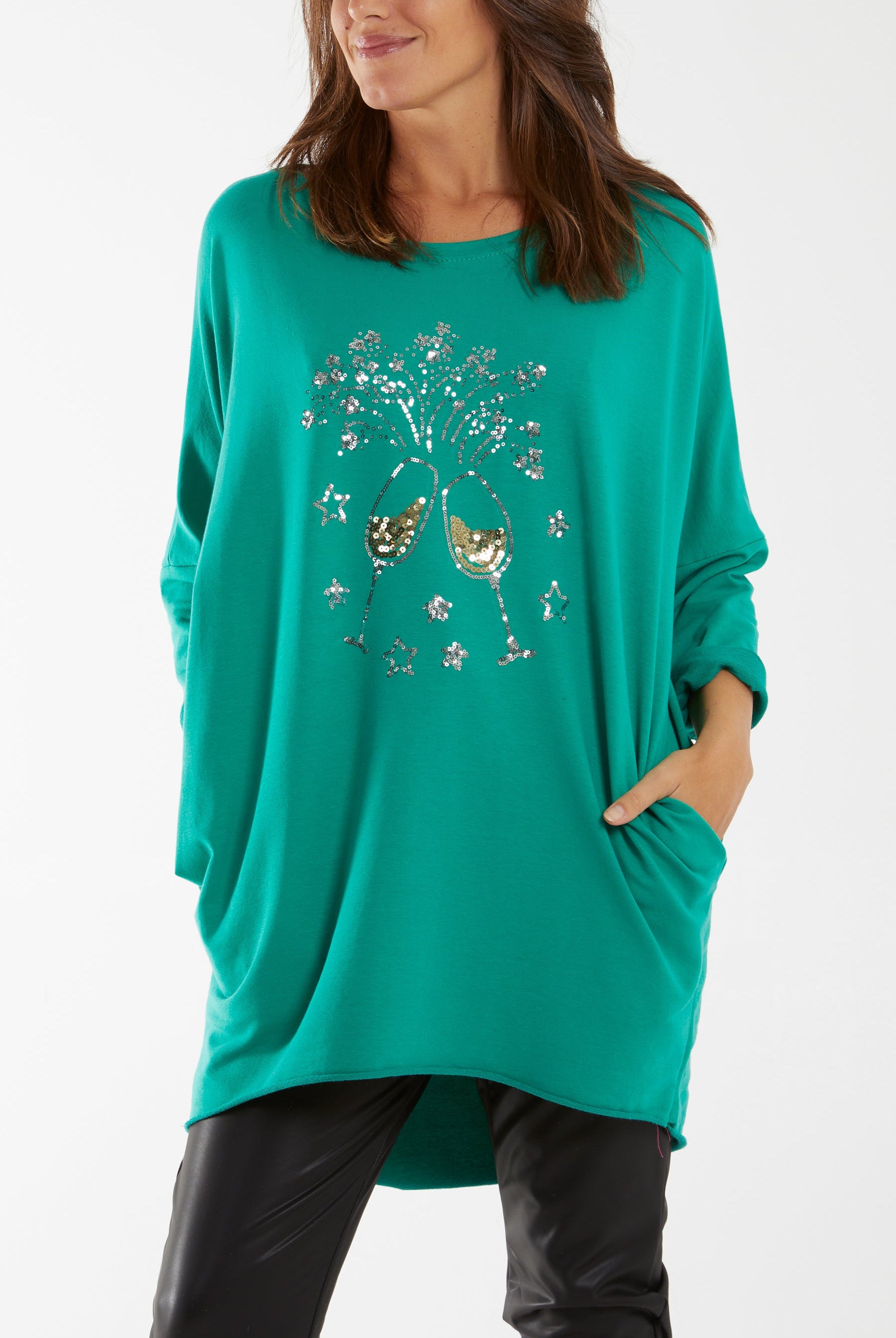 Sequin Glasses Pockets Sweatshirt Dress Dresses WearAll Jade One Size