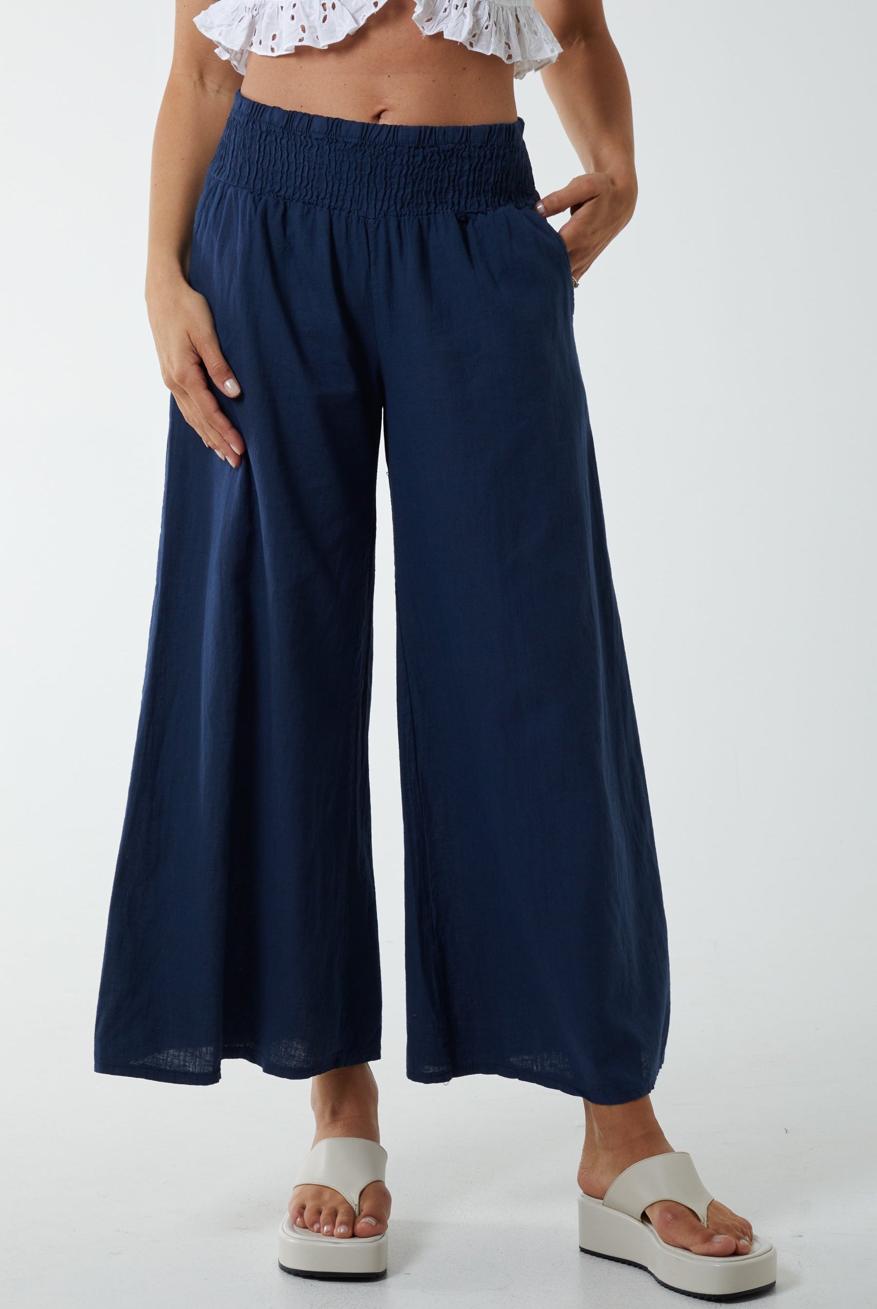 Linen Shirred Wide Leg Culottes Culottes WearAll Navy One Size