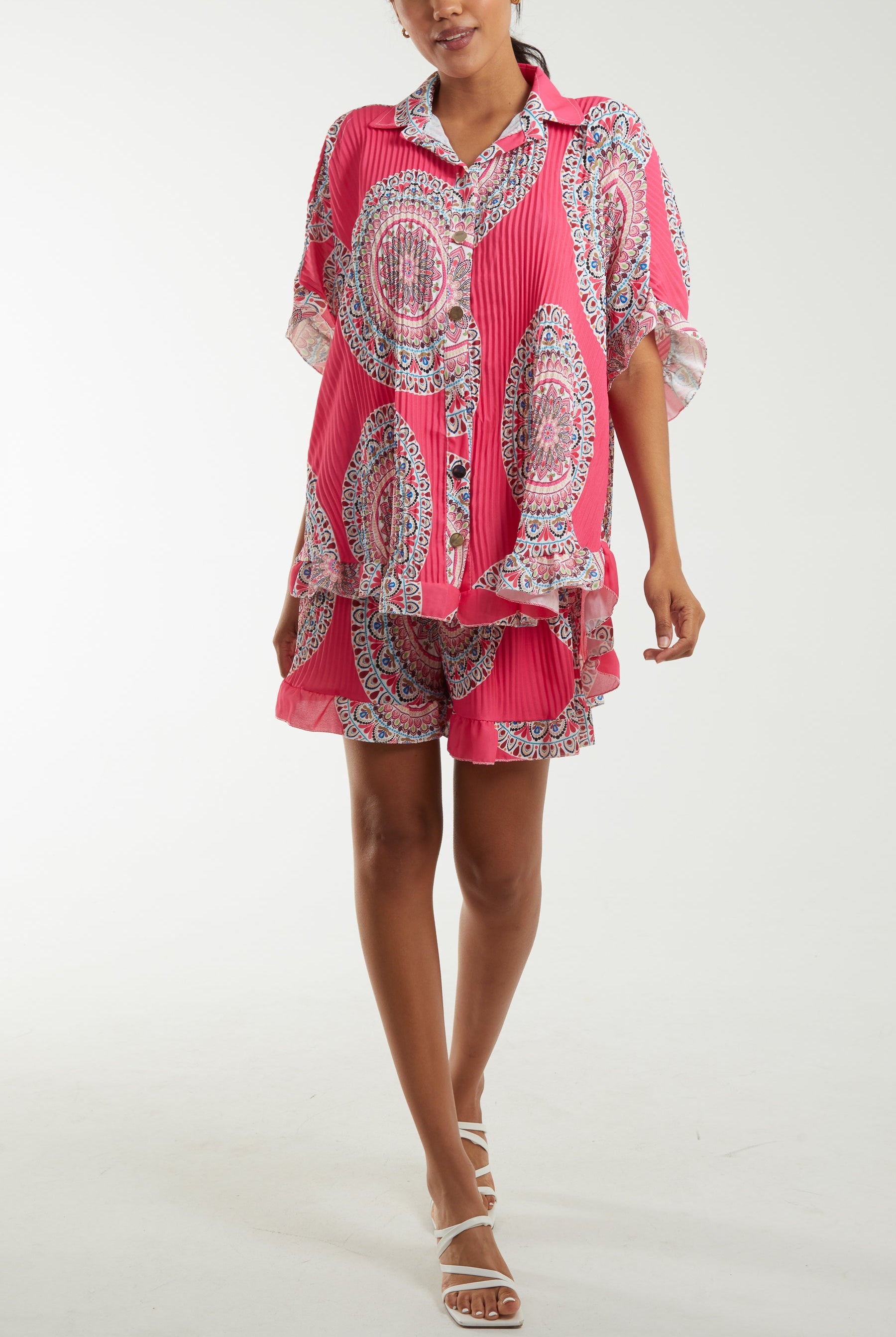 Mandala Plisse Frill Hem Co-Ord Set Co-Ords WearAll Hot Pink One Size