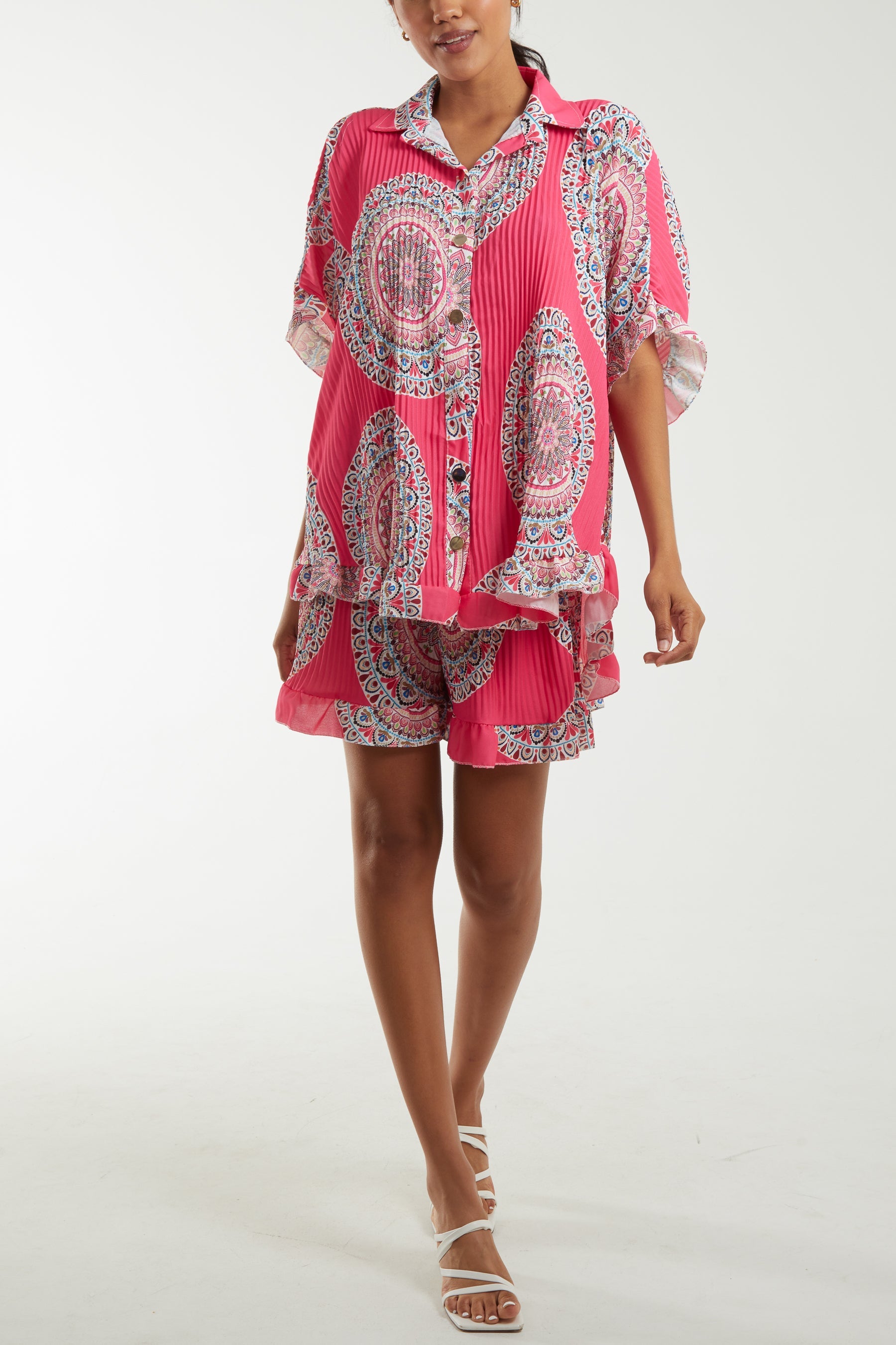 Mandala Plisse Frill Hem Co-Ord Set Co-Ords WearAll Hot Pink One Size