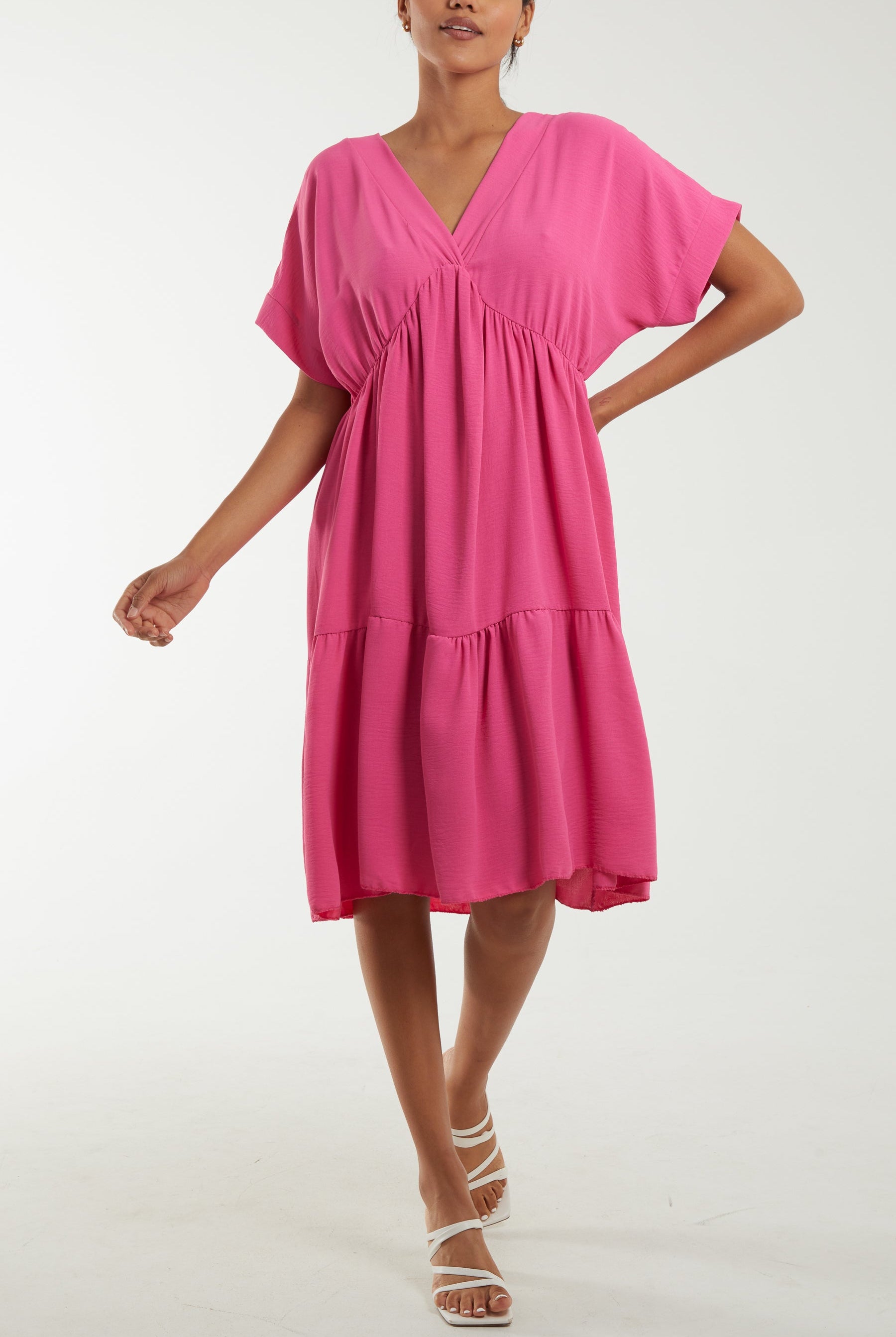 V-Neck Short Sleeve Tiered Midi Dress Dresses WearAll Hot Pink One Size