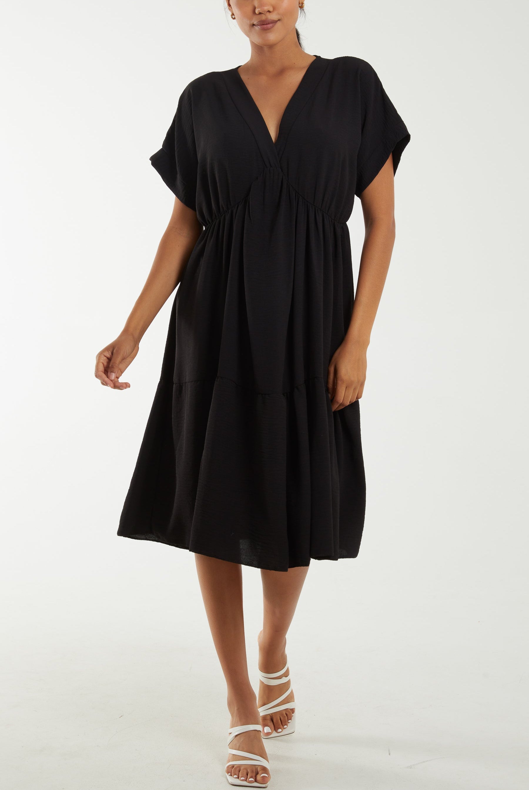 V-Neck Short Sleeve Tiered Midi Dress Dresses WearAll Black One Size