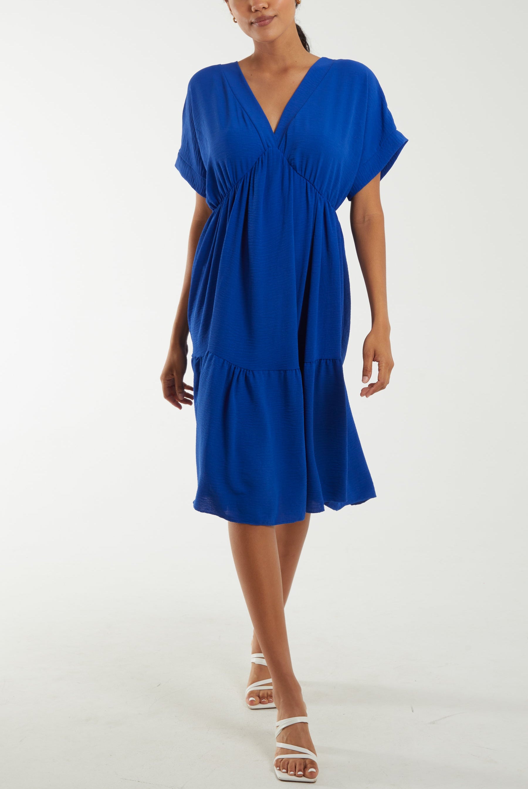 V-Neck Short Sleeve Tiered Midi Dress Dresses WearAll Royal Blue One Size
