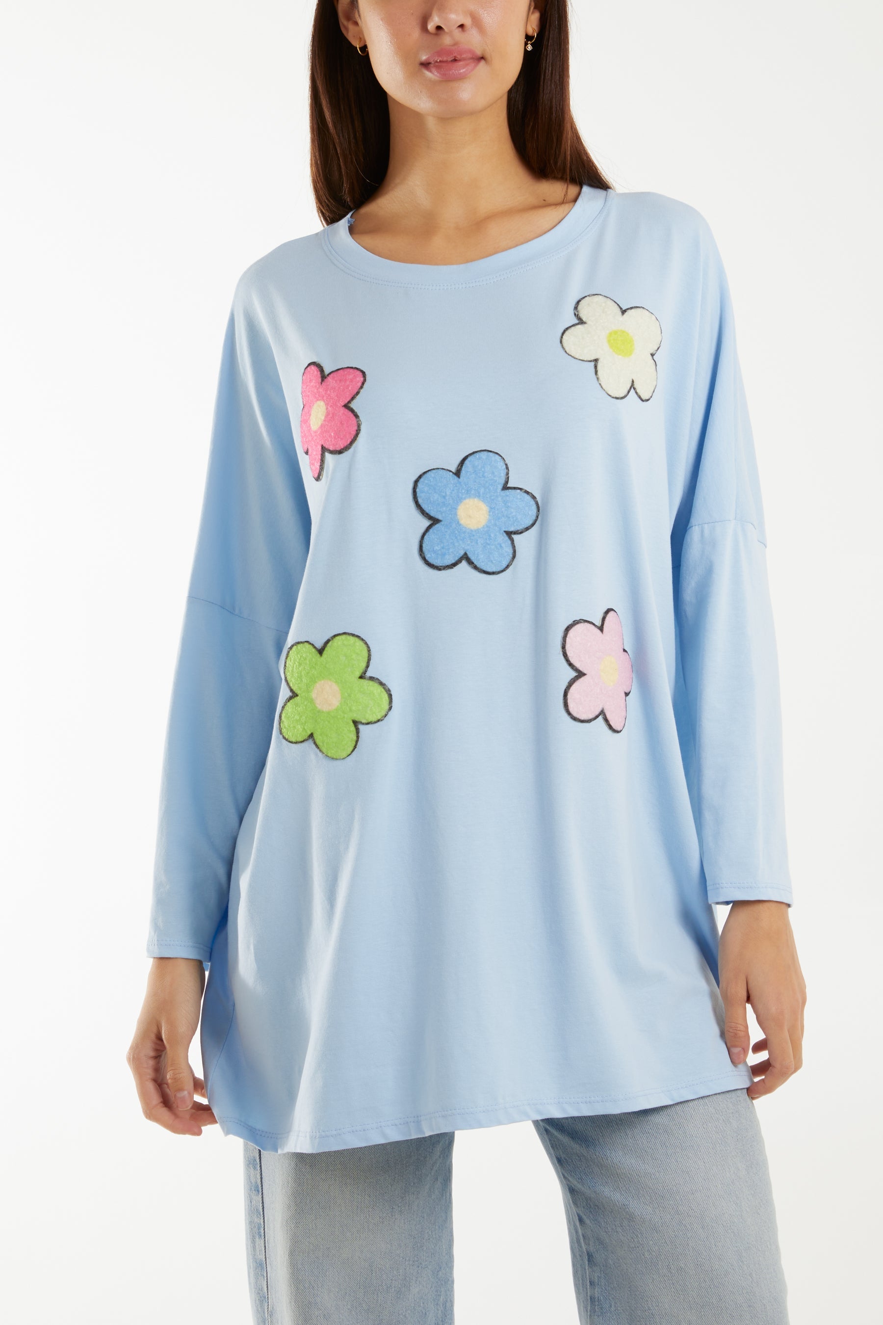 Multicolour Fluffy Daisy Long Sleeve Top T-shirts WearAll Light Blue One Size