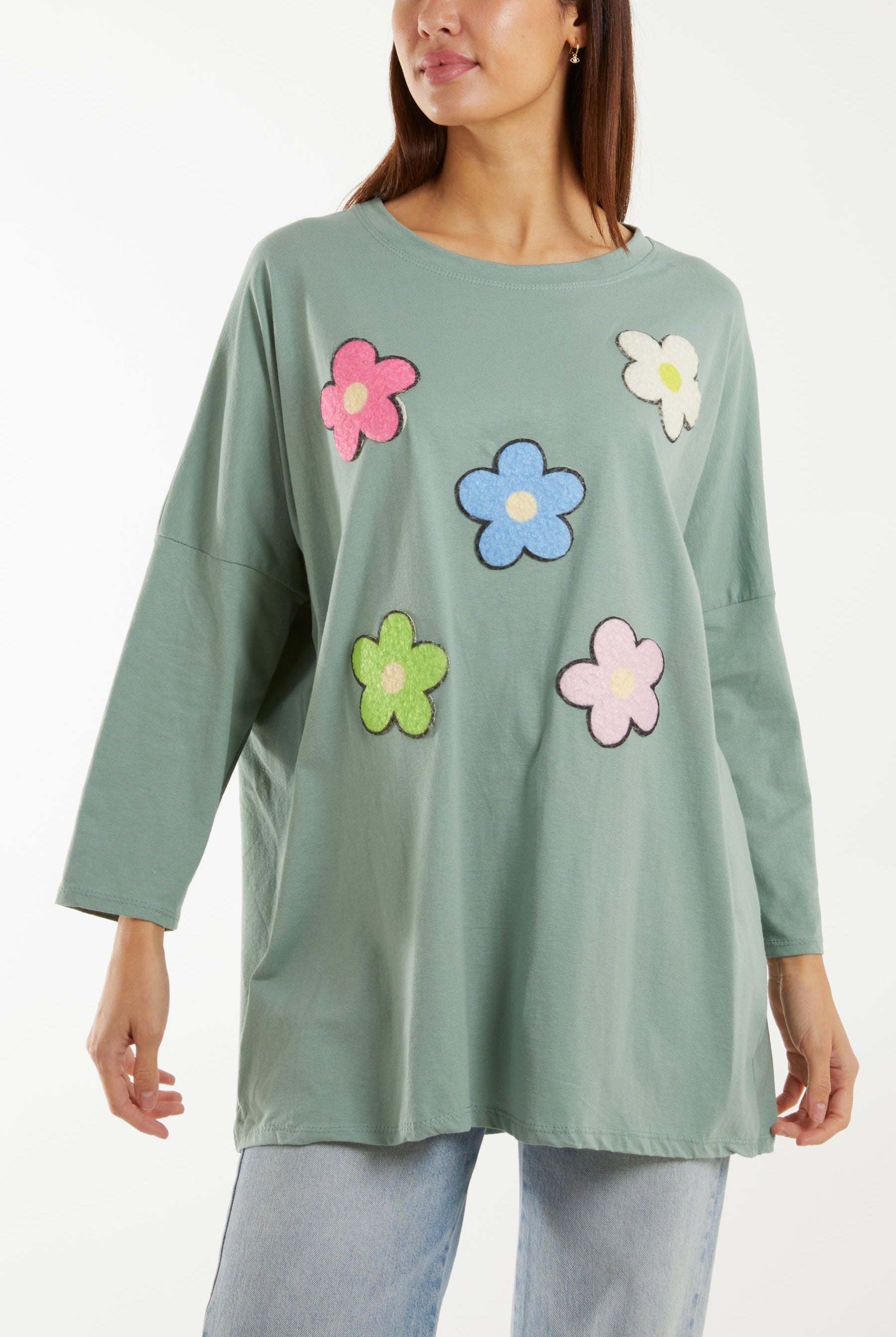 Multicolour Fluffy Daisy Long Sleeve Top T-shirts WearAll Sage One Size
