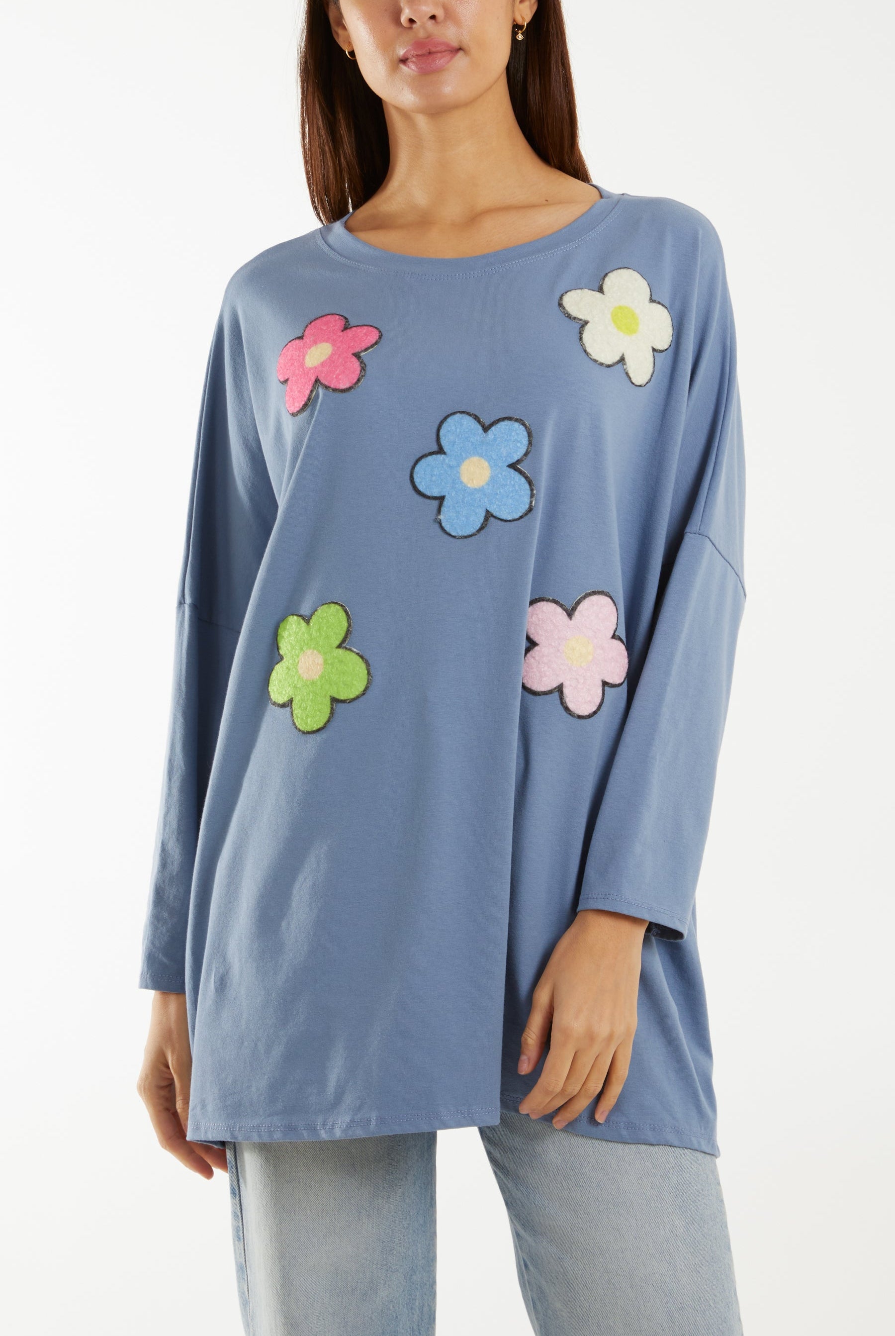 Multicolour Fluffy Daisy Long Sleeve Top T-shirts WearAll Denim One Size
