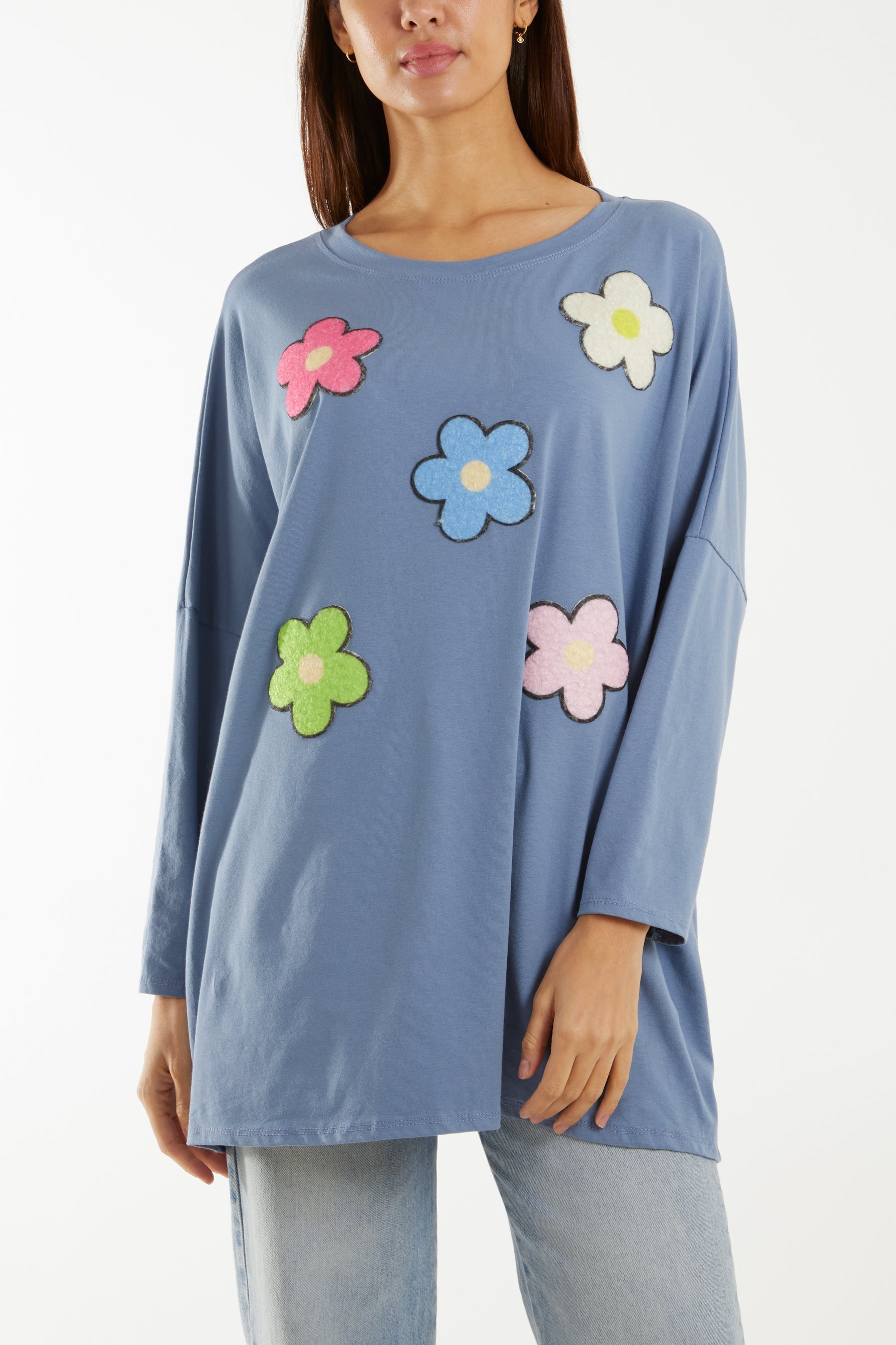 Multicolour Fluffy Daisy Long Sleeve Top T-shirts WearAll Denim One Size