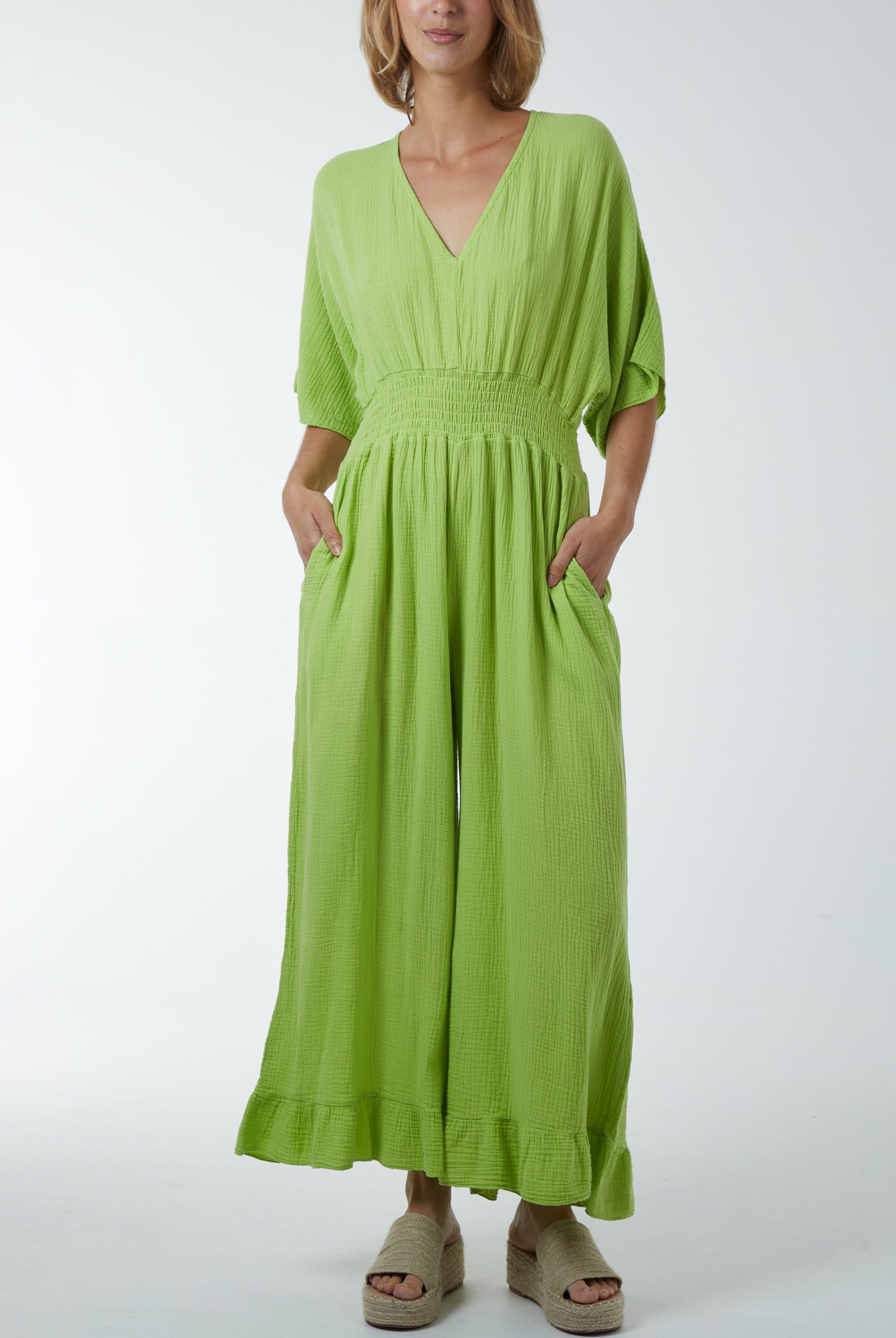 Double V-Neck Frilled Jumpsuit Jumpsuits WearAll Lime One Size