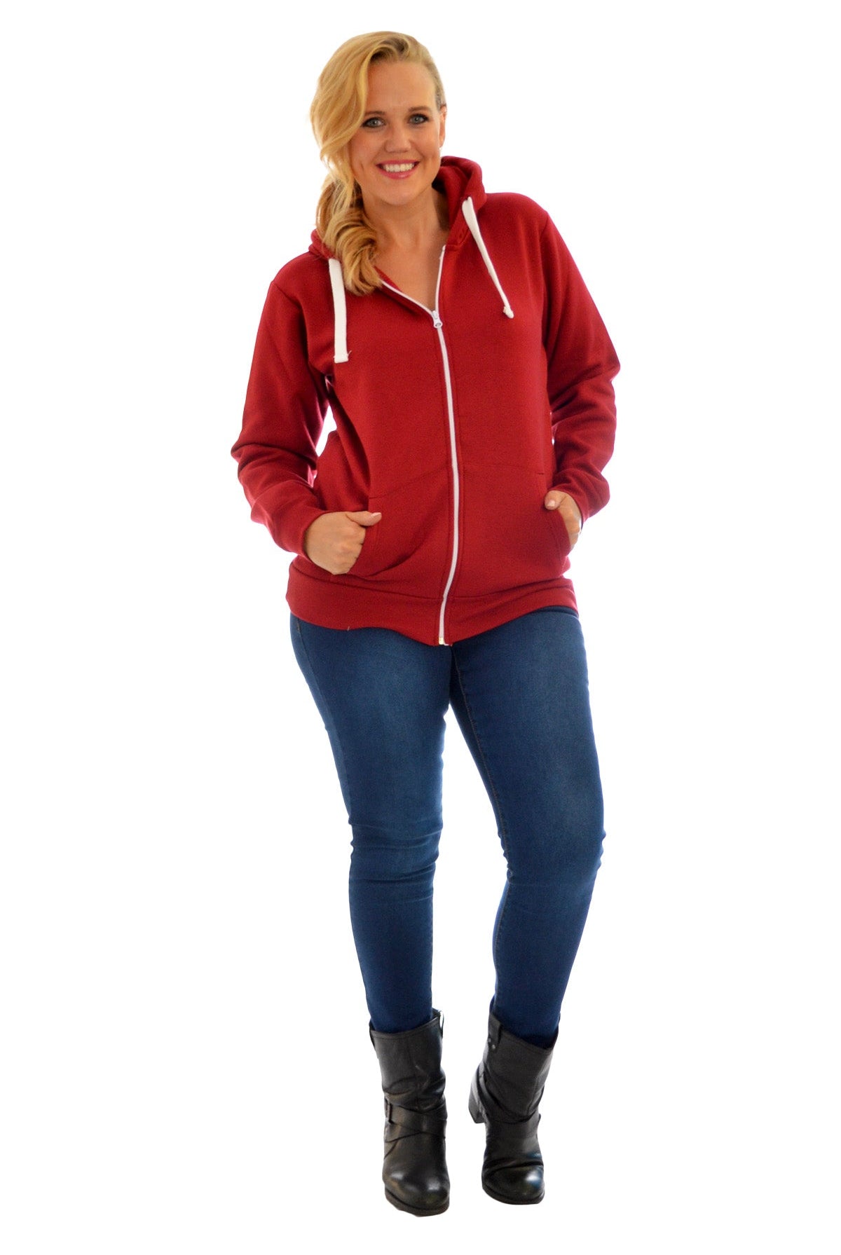 Plus Size Pocket Plain Zip Hoodie Tops WearAll