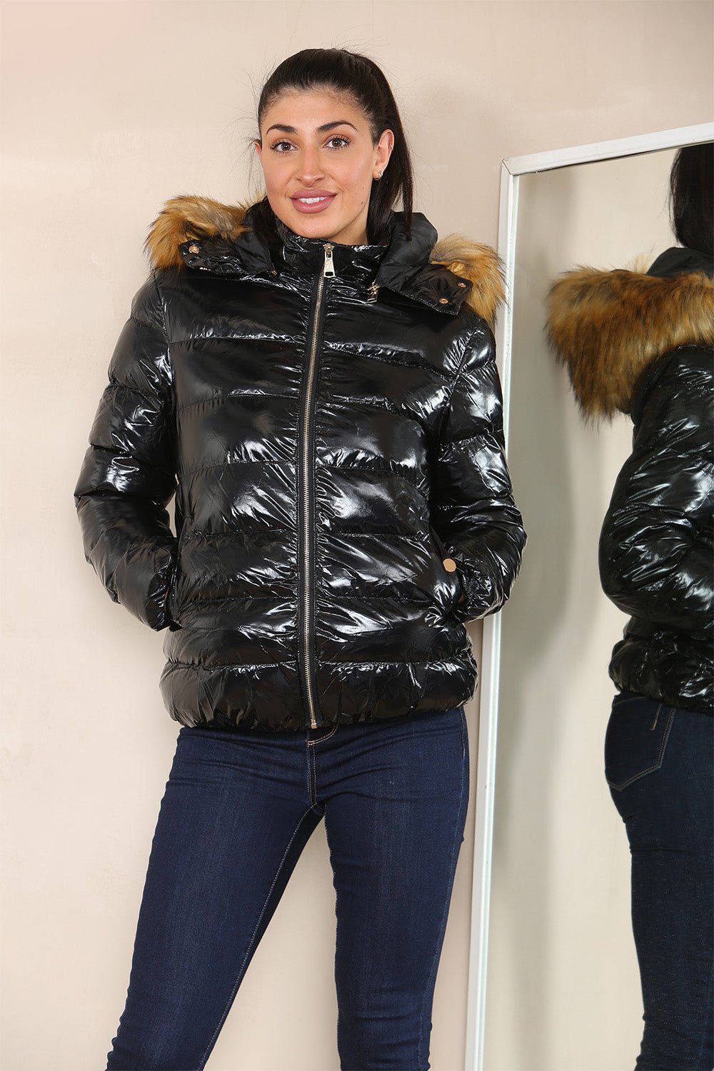 Wet Look Puffer Hooded Jacket with Faux Fur Jackets & Coats WearAll Black 8
