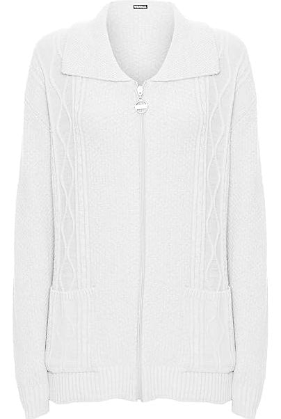 Plus Size Knit Collar Long Sleeve Zip Cardigan Knitted Cardigan WearAll White 16-18