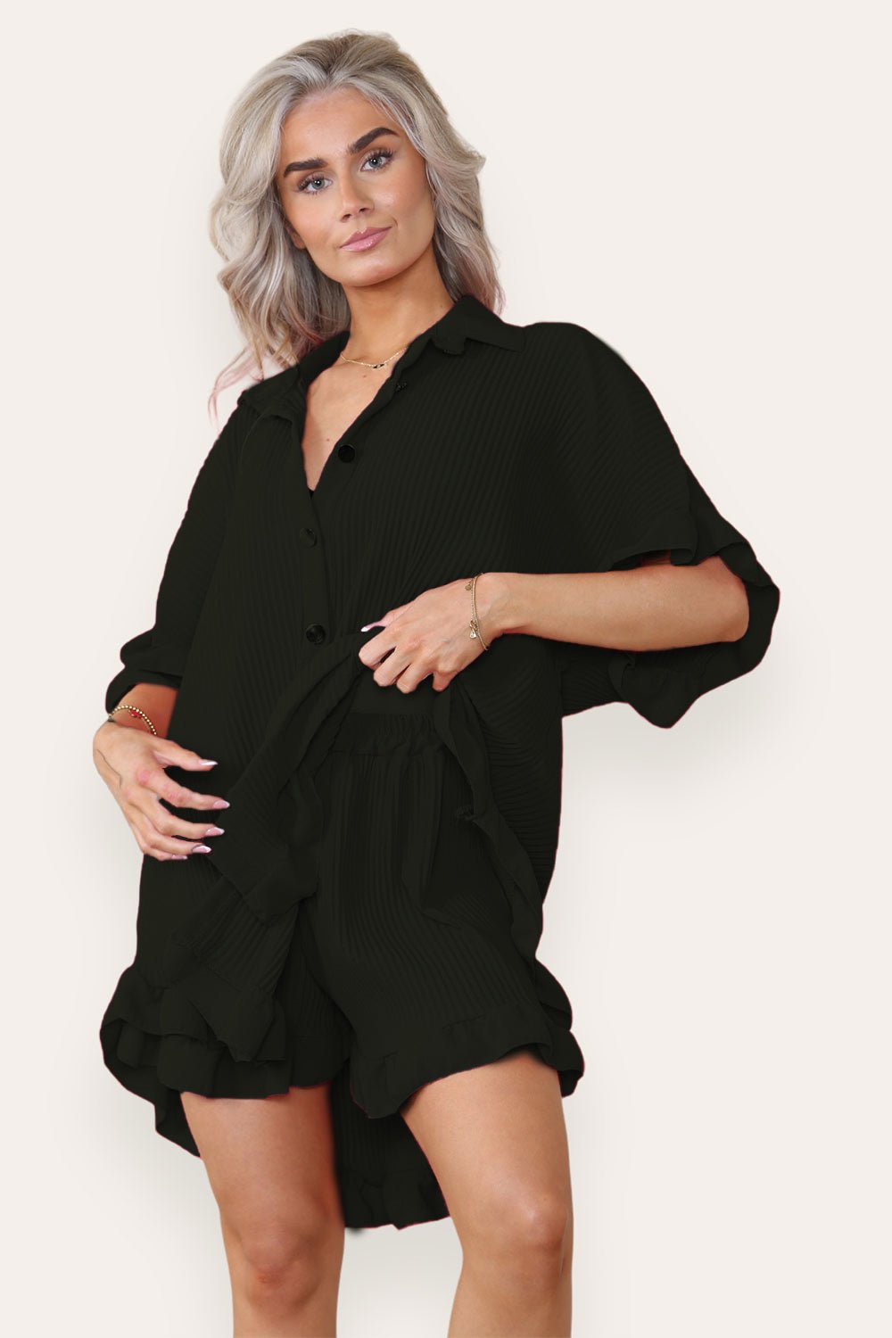 Oversized Short Sleeve Pleated Shirt Top & Co-Ord Set Co-Ord WearAll Black One Size UK Fit(8-16)