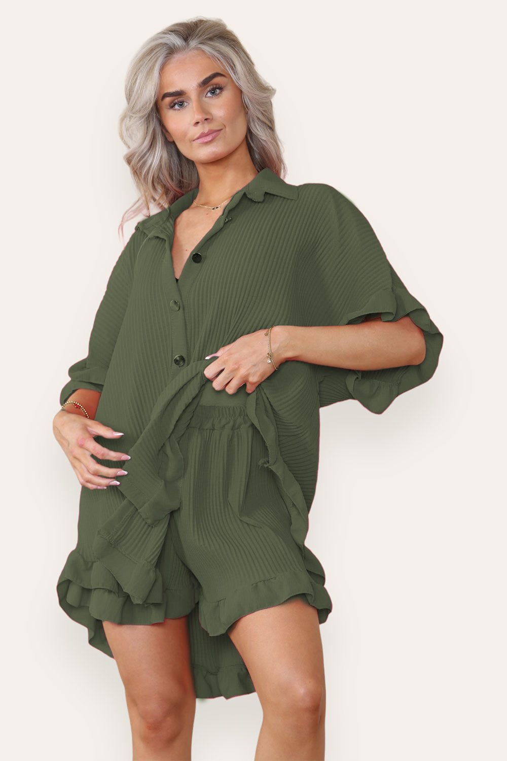 Oversized Short Sleeve Pleated Shirt Top & Co-Ord Set Co-Ord WearAll Khaki One Size UK Fit(8-16)
