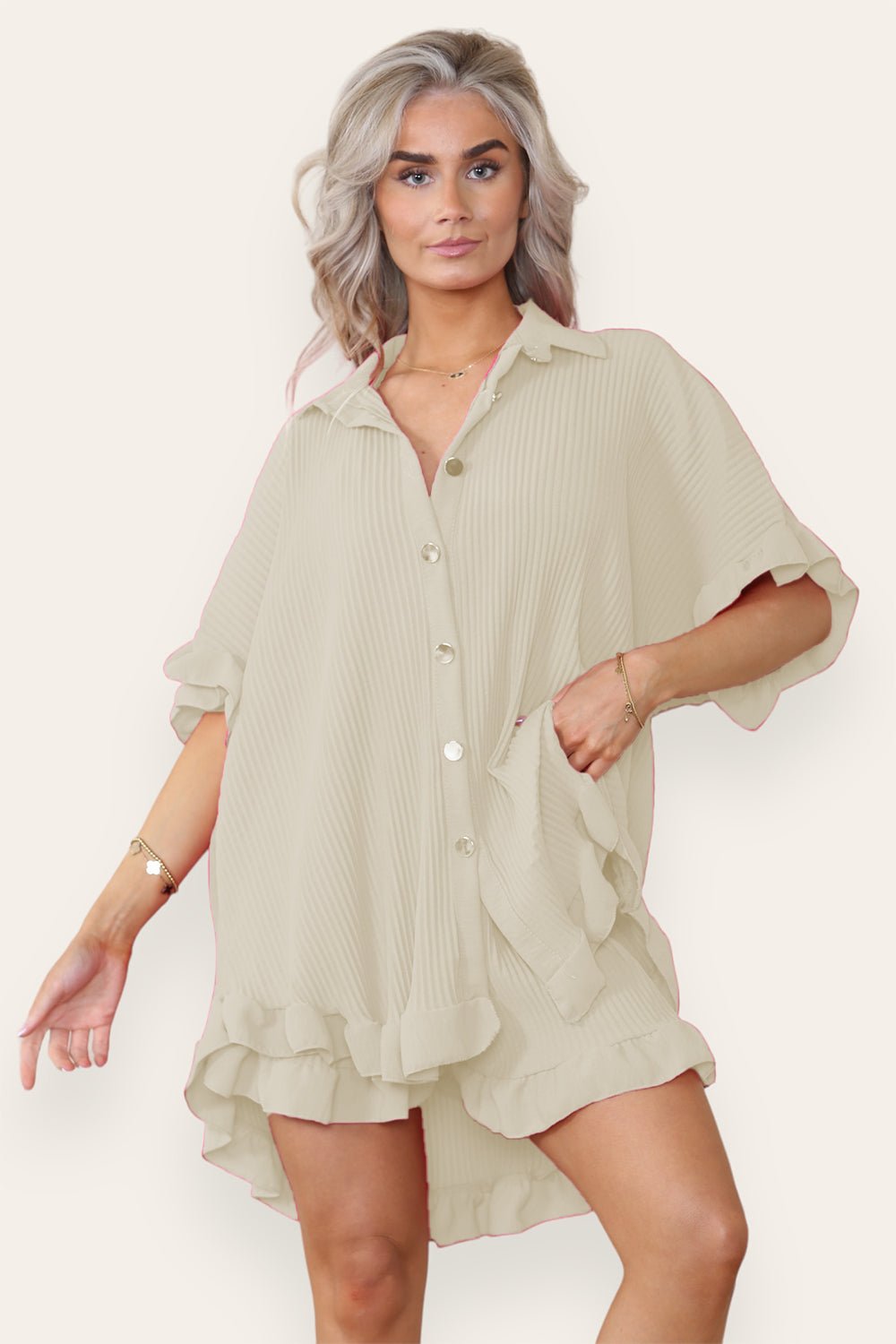 Oversized Short Sleeve Pleated Shirt Top & Co-Ord Set Co-Ord WearAll Beige One Size UK Fit(8-16)