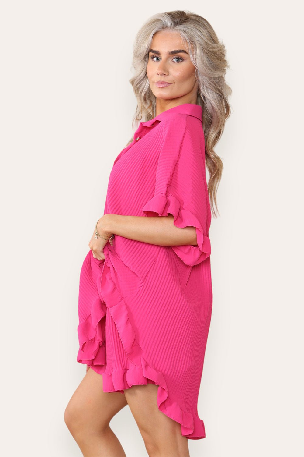 Oversized Short Sleeve Pleated Shirt Top & Co-Ord Set Co-Ord WearAll Hot Pink One Size UK Fit(8-16)