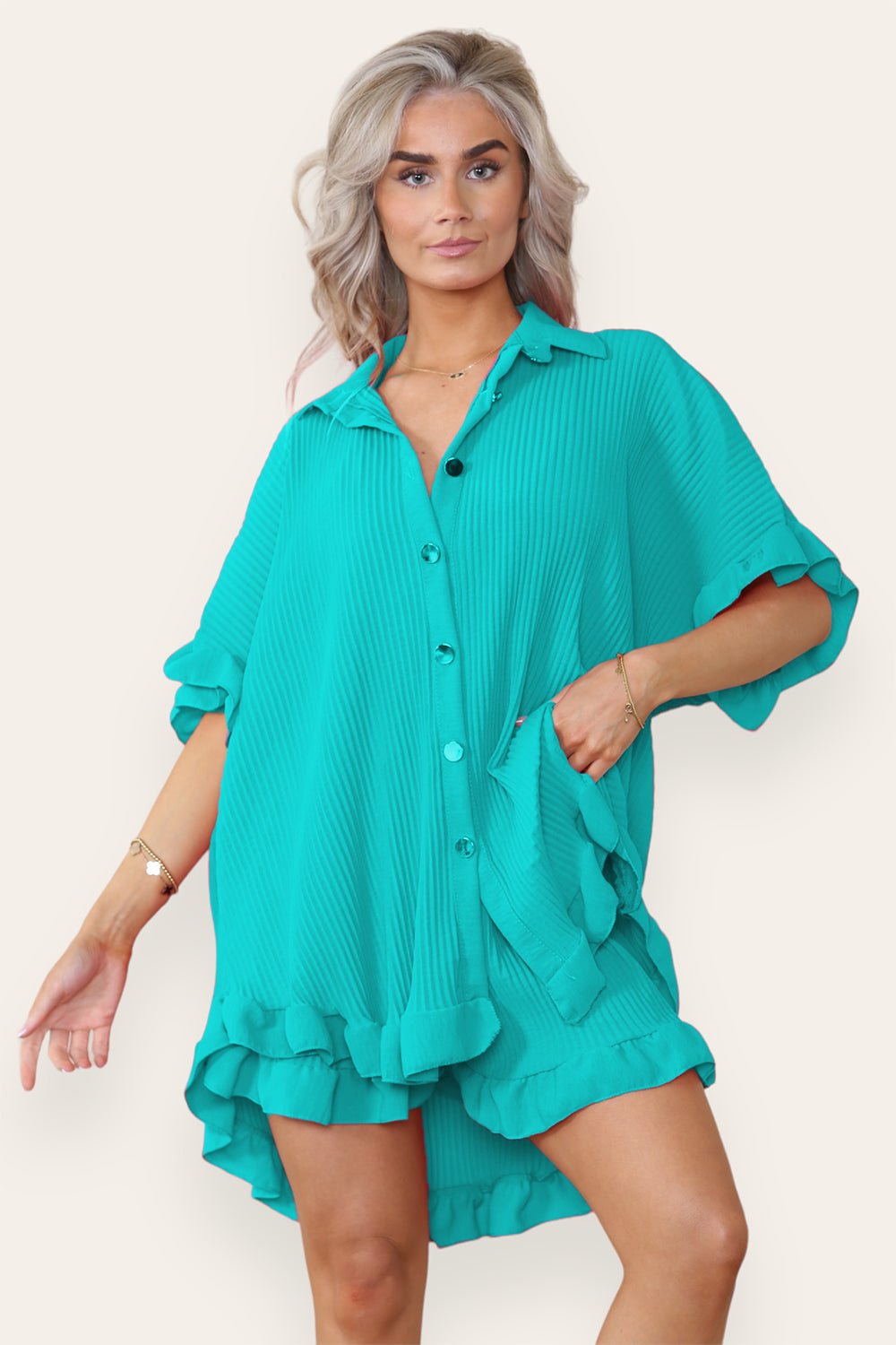 Oversized Short Sleeve Pleated Shirt Top & Co-Ord Set Co-Ord WearAll Turquoise One Size UK Fit(8-16)