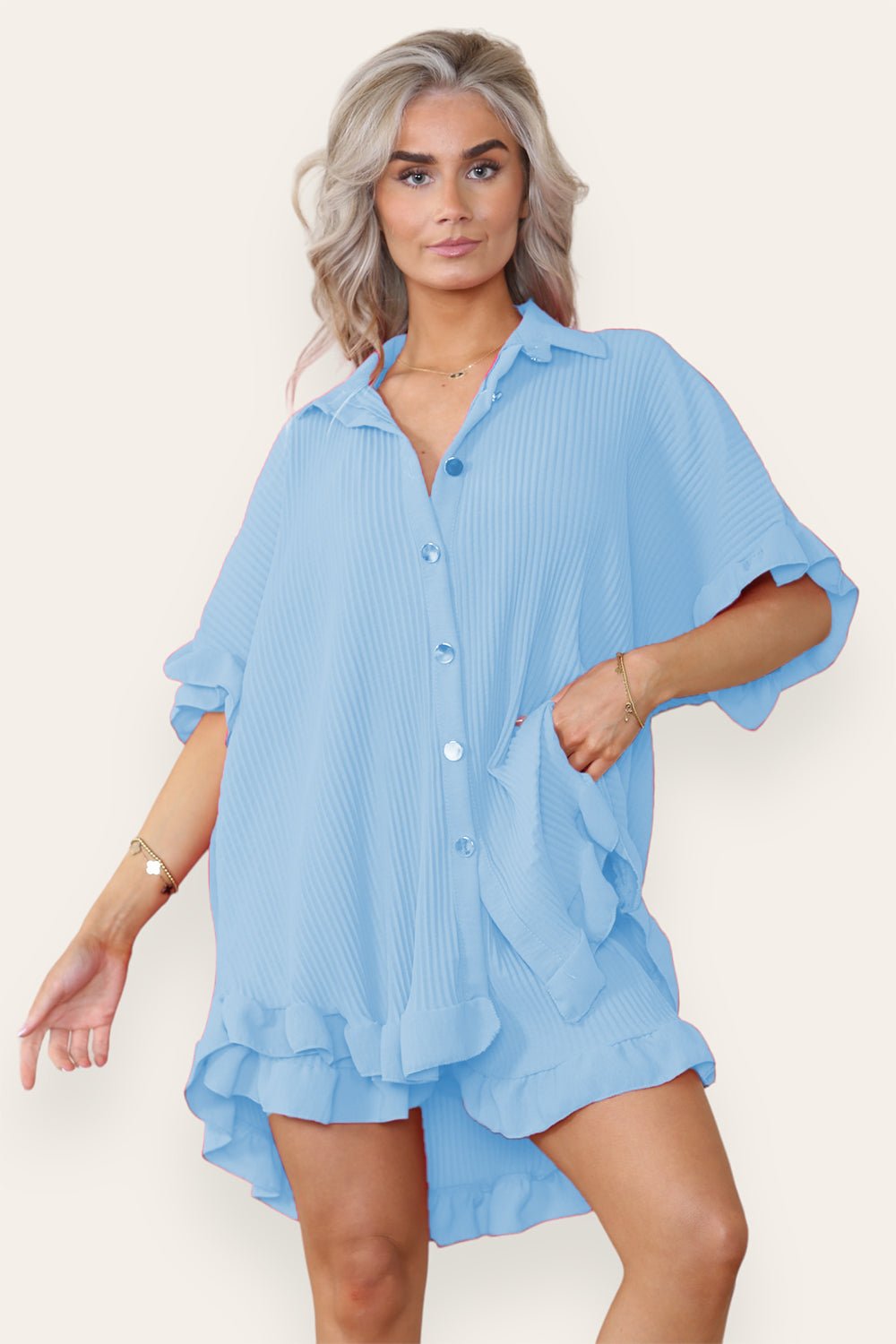 Oversized Short Sleeve Pleated Shirt Top & Co-Ord Set Co-Ord WearAll Baby Blue One Size UK Fit(8-16)