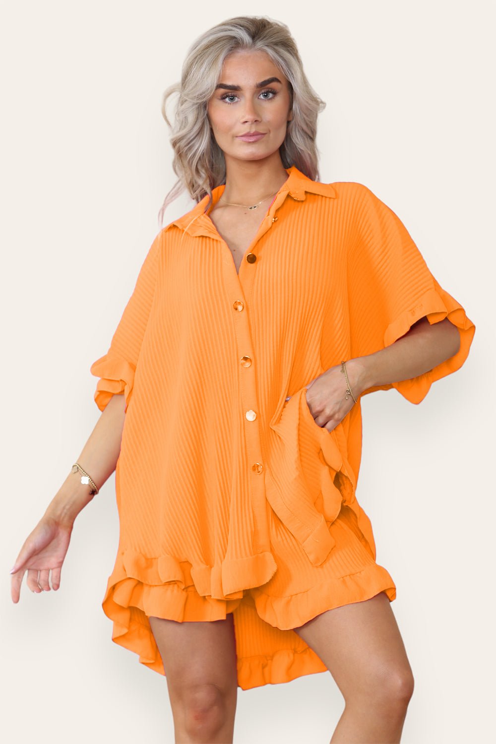 Oversized Short Sleeve Pleated Shirt Top & Co-Ord Set Co-Ord WearAll Orange One Size UK Fit(8-16)